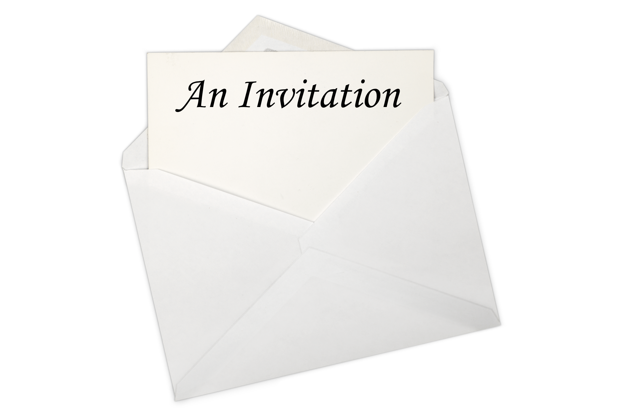 A white envelope with a card inside that has 'An Invitation' written on it.