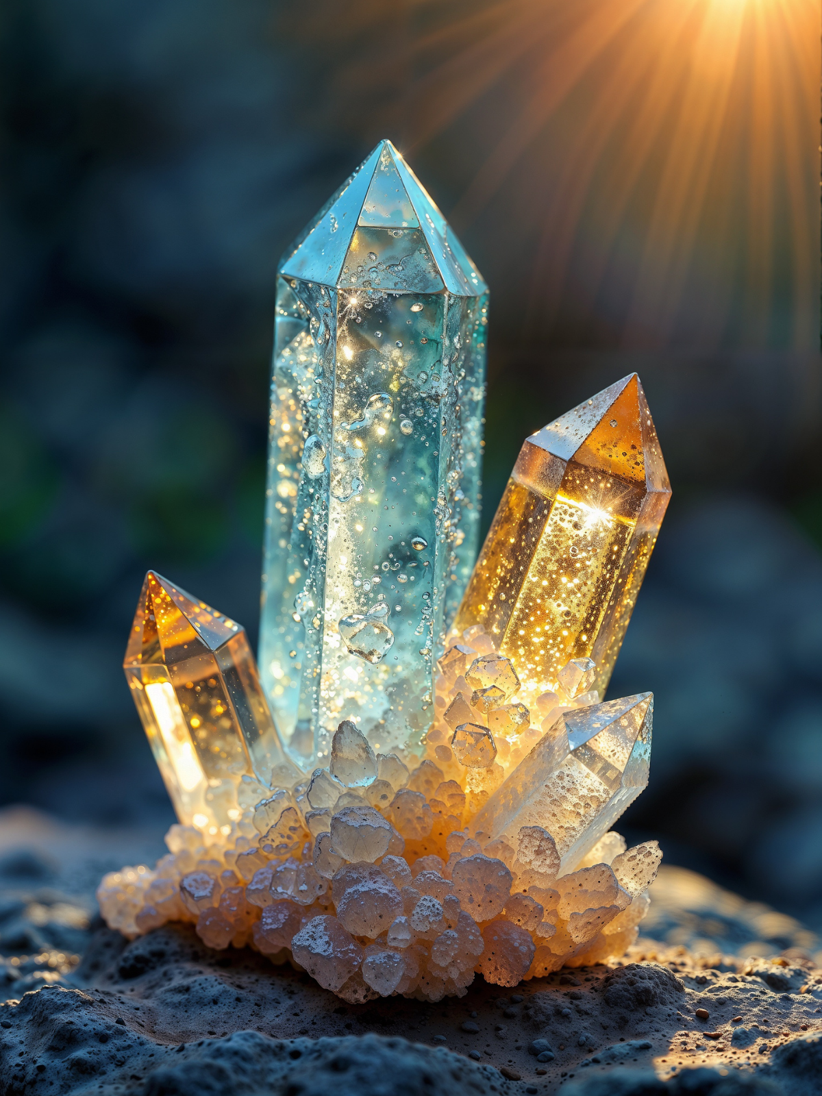 Close-up of glowing crystals, with the sun shining in the background.