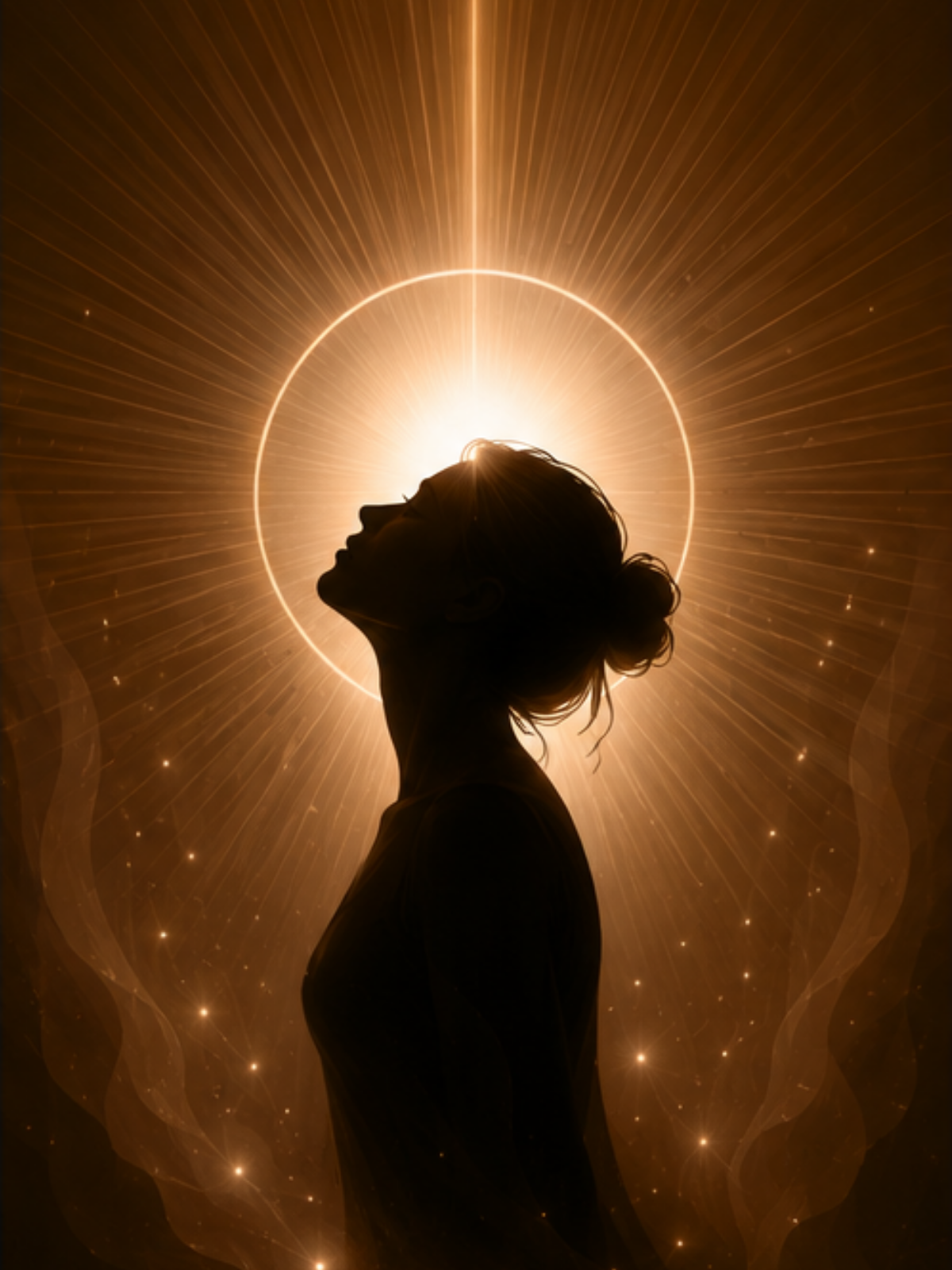 Silhouette of a woman with her head tilted back, surrounded by a glowing halo and radiant rays of light, with a golden background filled with small twinkling lights.