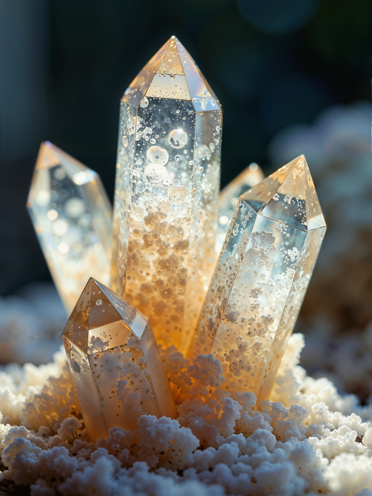 Golden illuminated crystal formations with bubbles, emerging from snowy ground, glowing at dusk.