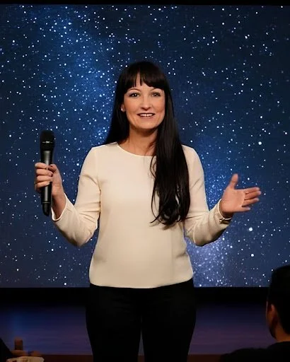 Woman with long dark hair holding a microphone, standing in front of a starry night sky backdrop.