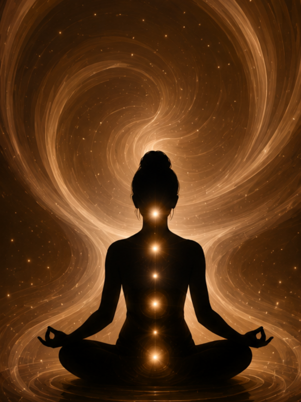 Silhouette of a person meditating in a cross-legged position with five glowing points of light aligned along their spine, set against a swirling cosmic background with stars and golden hues.