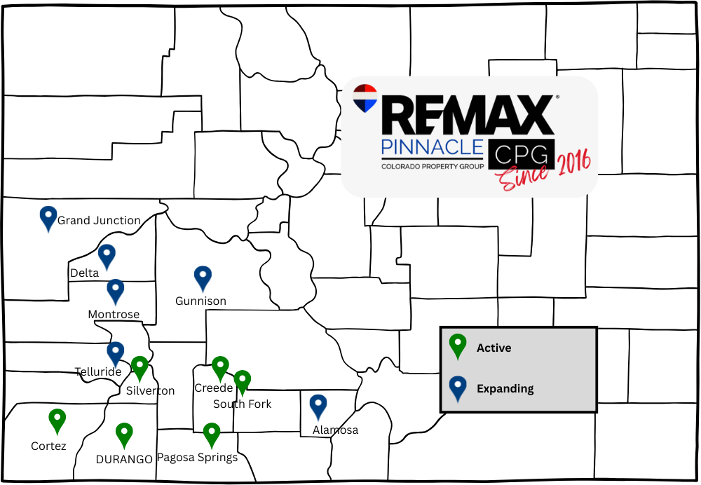 Map of western Colorado showing Colorado Property Group home market in Durango and expanding markets including Pagosa Springs, Cortez, Telluride, Ridgway, Montrose, Crested Butte, and Grand Junction.