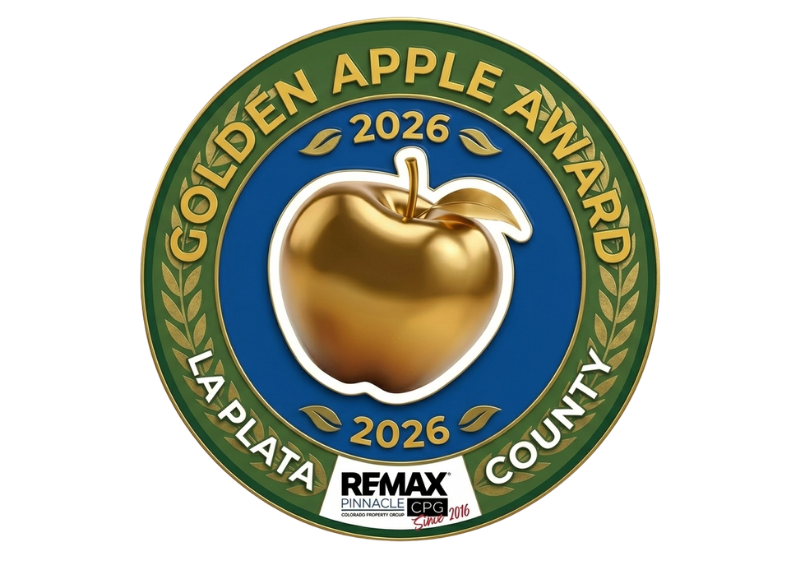 A circular award badge with a gold apple in the center, encircled by green and blue rings. The text reads 'Golden Apple Award 2026 La Plata County,' with the logos of REMAX, Pinnacle, CPG, and the phrase 'Since 2016' at the bottom.