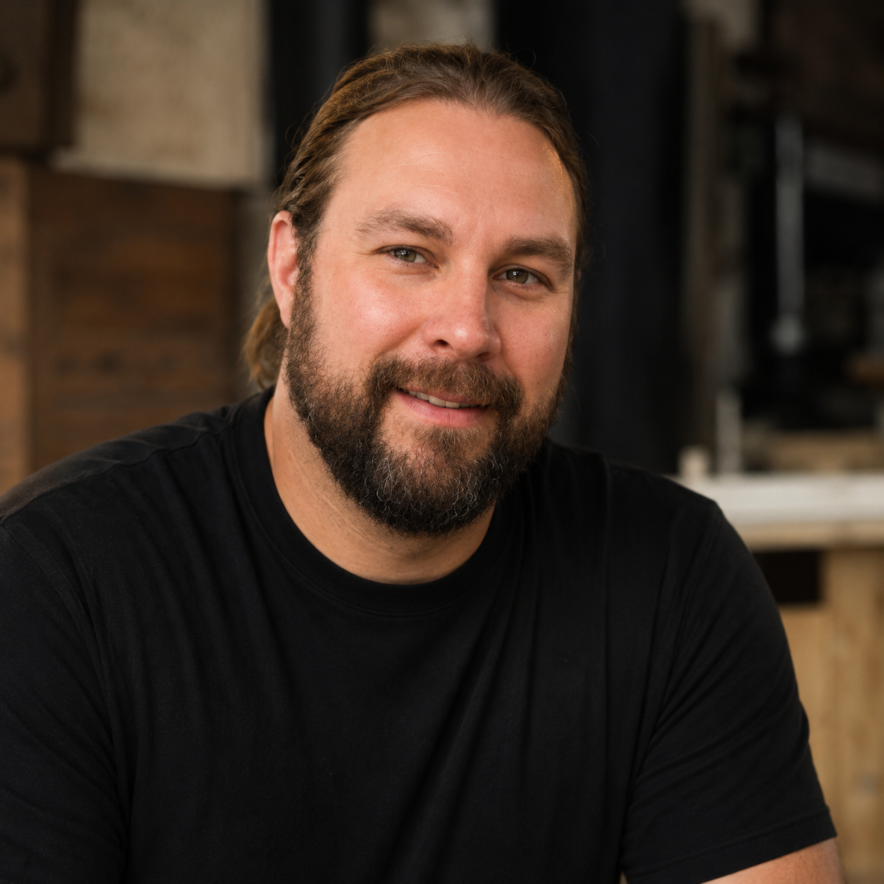A man with a beard and long hair smiling at the camera in an indoor setting.