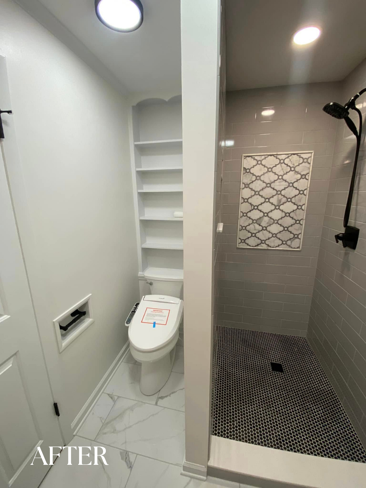 Updated bathroom with a separate shower and toilet area, white shelving above the toilet, and a sleek white marbled floor.