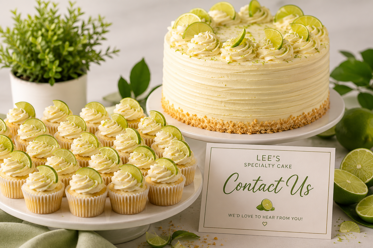 A lemon-themed dessert display with a large lemon-flavored cake topped with lime slices and cupcake with lime slices, surrounded by lime halves, a potted green plant, and a sign that says 'Lee's Specialty Cake Contact Us. We'd love to hear from you!'