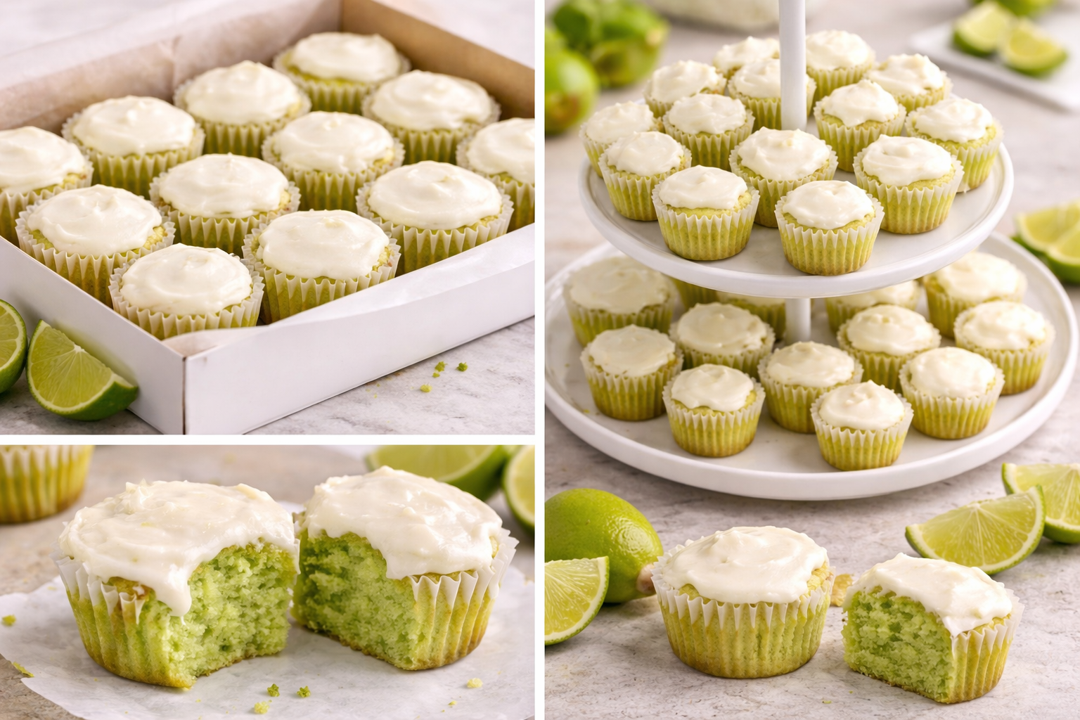 Lemon cupcakes with white frosting, displayed on a white tray and a multi-tiered stand, with lime wedges and whole limes around them, some cupcakes with a bite taken out showing the lemon-flavored interior.