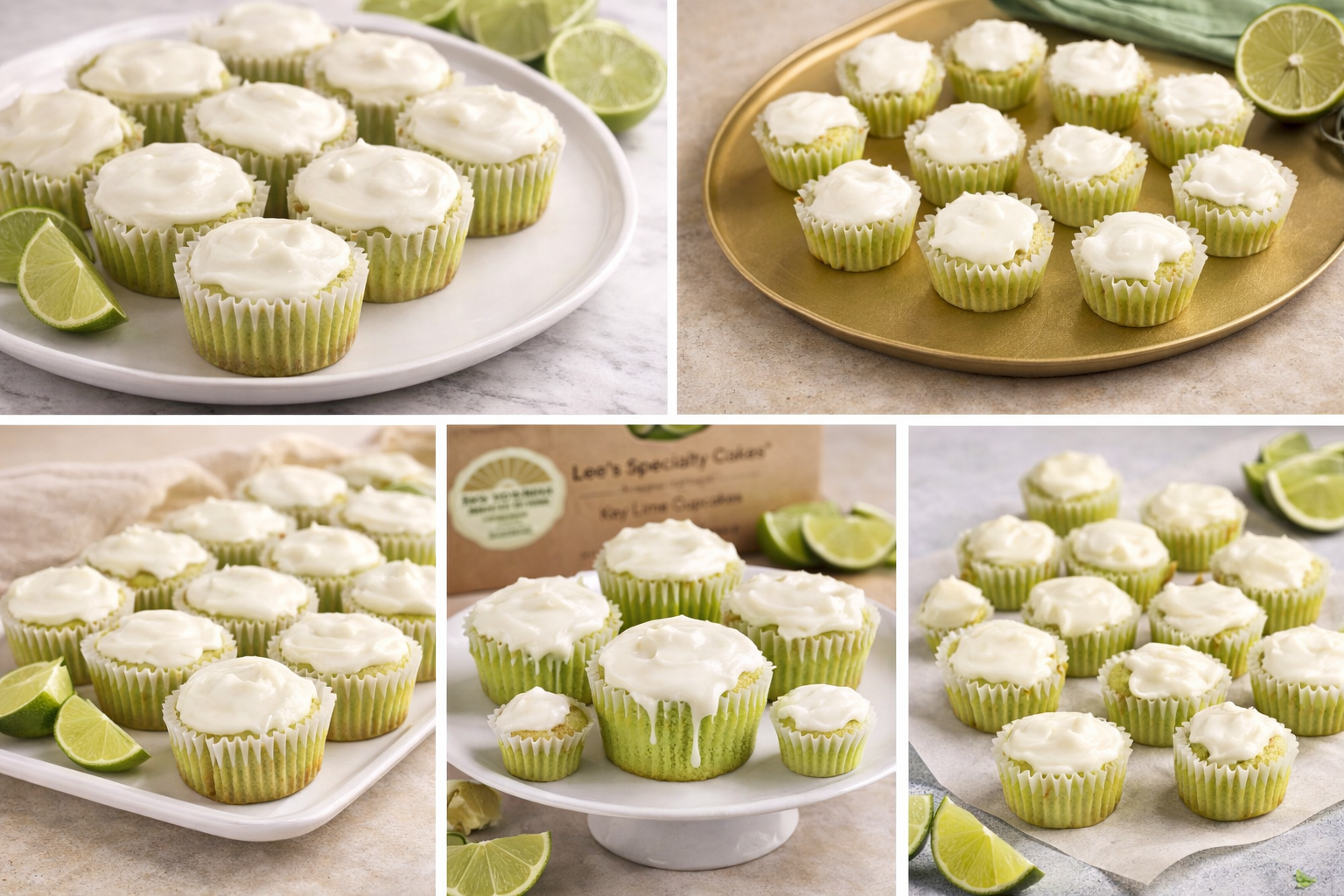 A collage of five photos showing lime cupcakes with white frosting, arranged on various plates and trays with lime wedges around them.