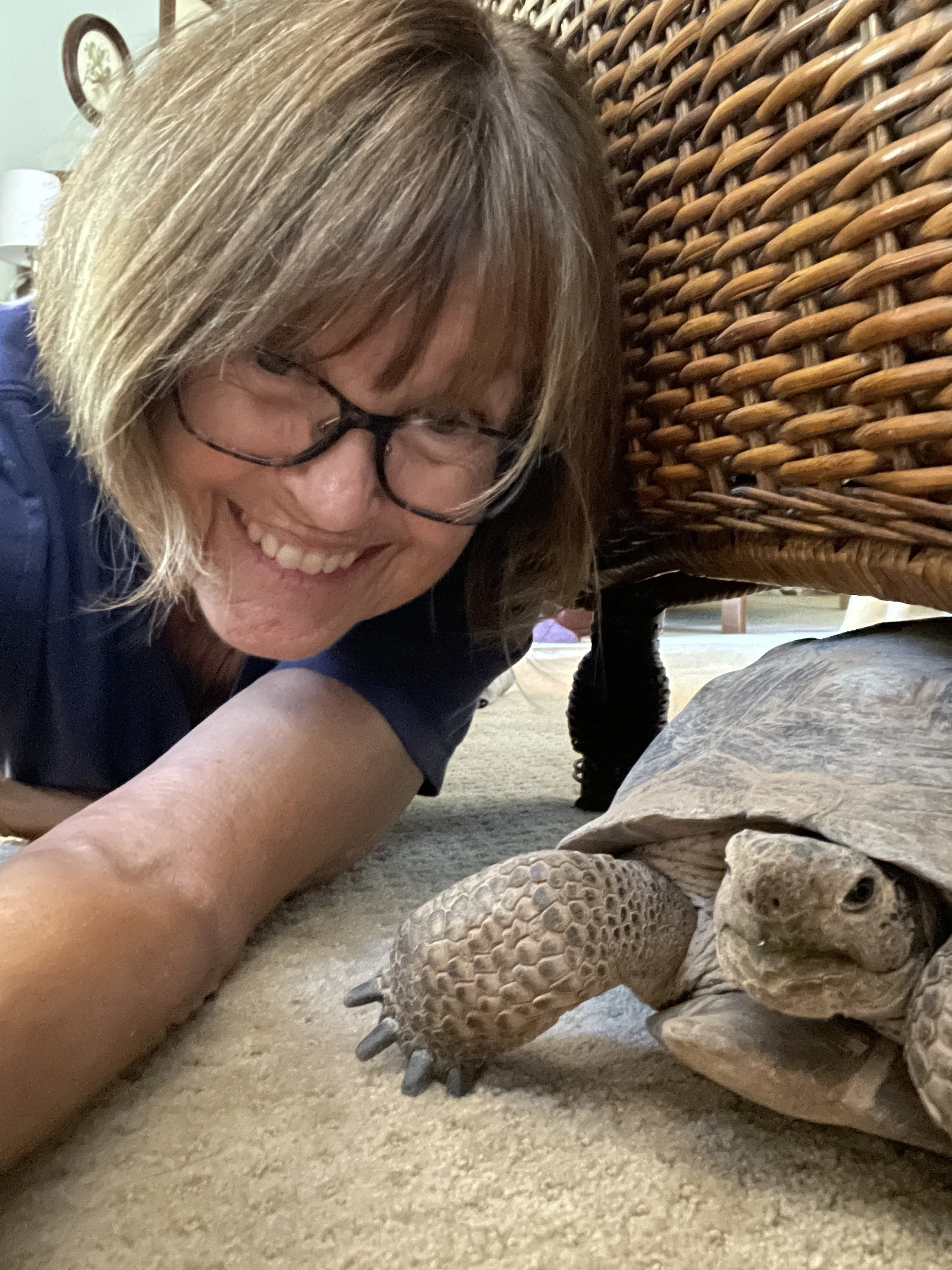 A woman with glasses and blonde hair smiling while lying on the carpeted floor next to a large tortoise, with a woven wicker chair and some household objects in the background.