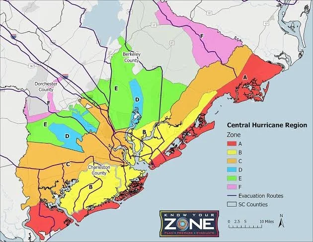 Map of South Carolina showing hurricane evacuation zones, counties, and evacuation routes, with zones labeled A to F in different colors and a legend explaining the zones