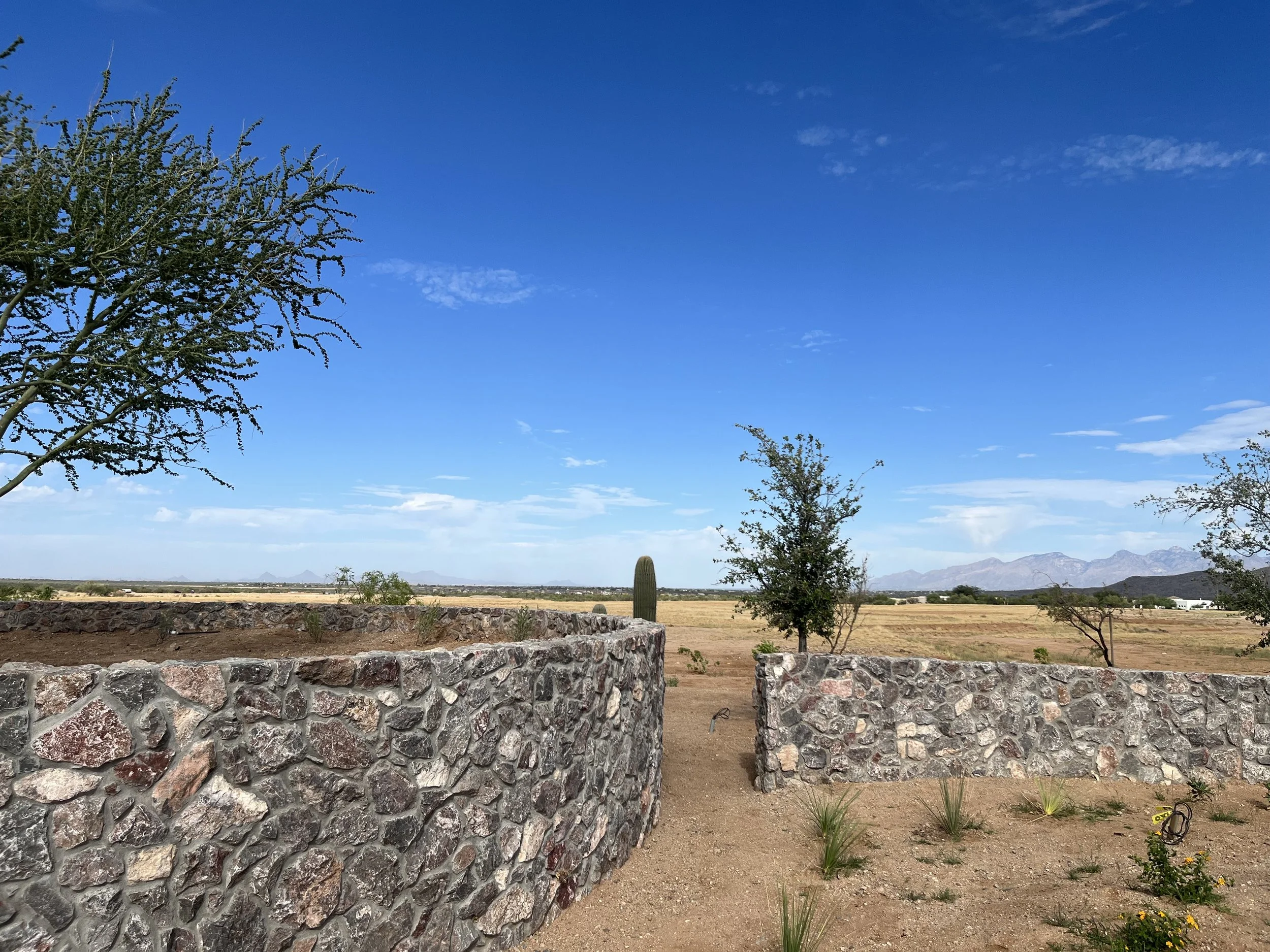 A view of a desert landscape with a stone wall, a few small trees and shrubs, and a mountain range in the distance under a partly cloudy blue sky.