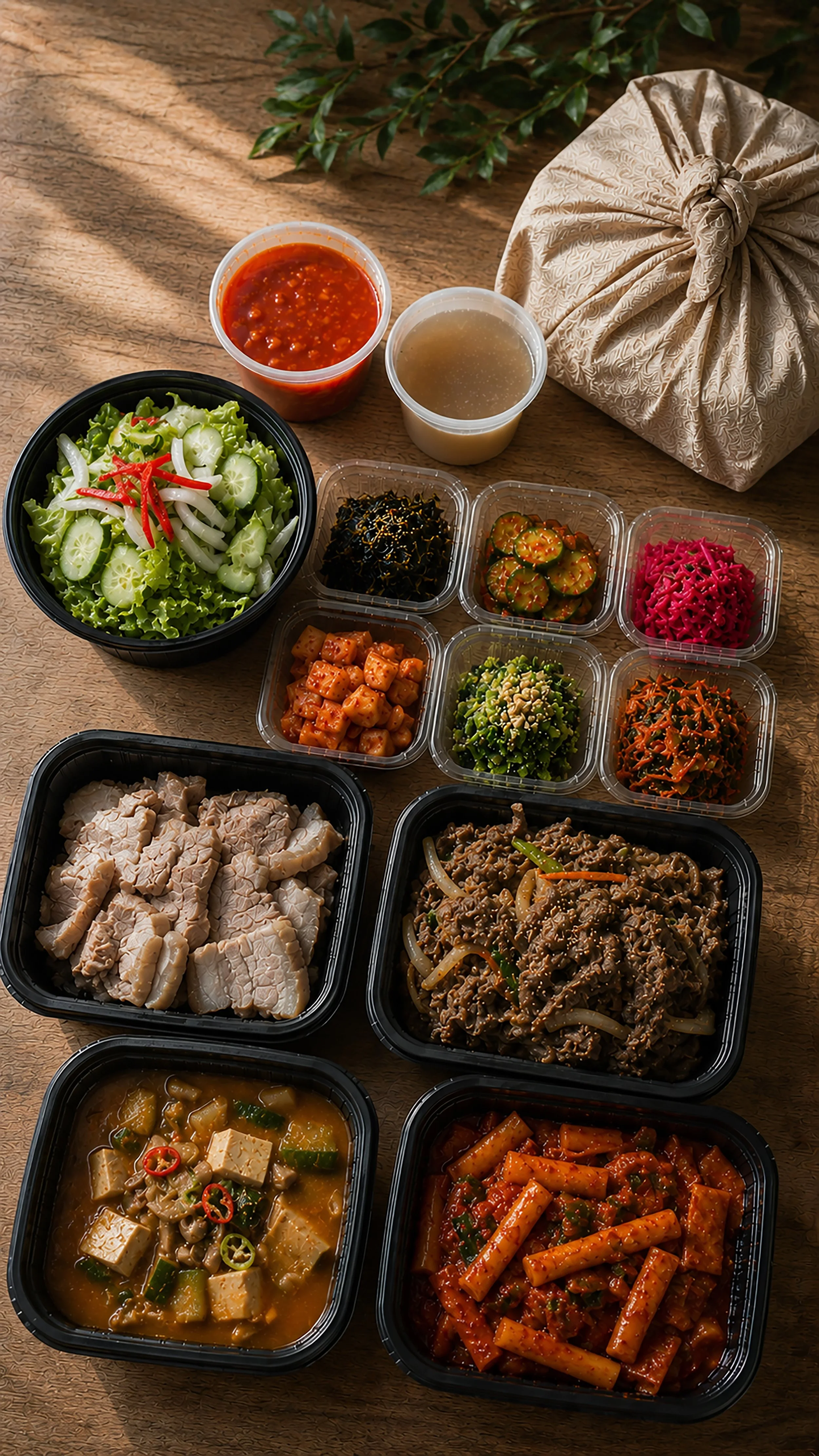 An assortment of Asian dishes displayed on a wooden table, including salads, noodles, tofu, and soup, with a wrapped gift and some greenery in the background.