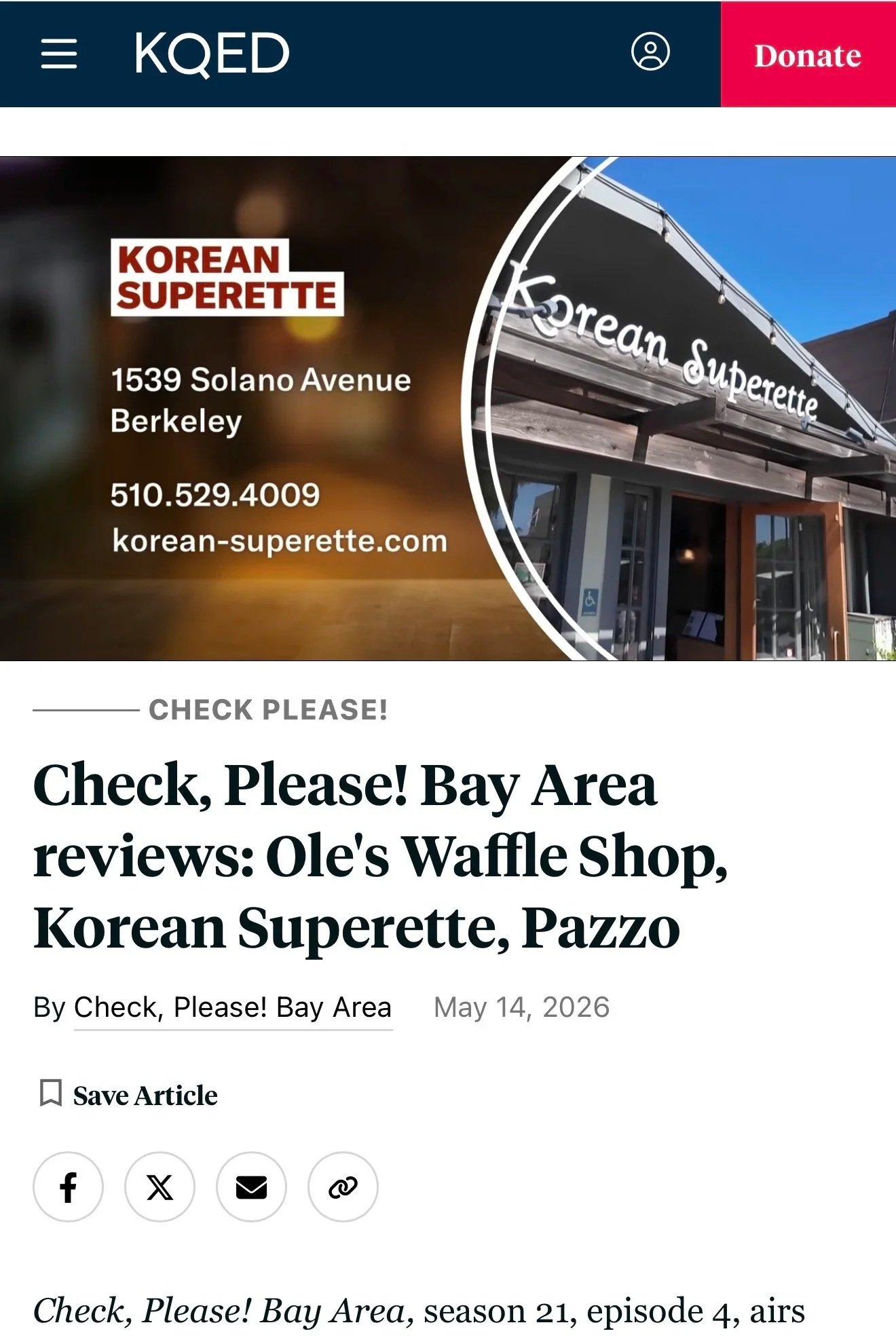 Web page for Korean Superette restaurant displaying the name and address, with a photo of the storefront showing a sign that reads 'Korean Superette'.