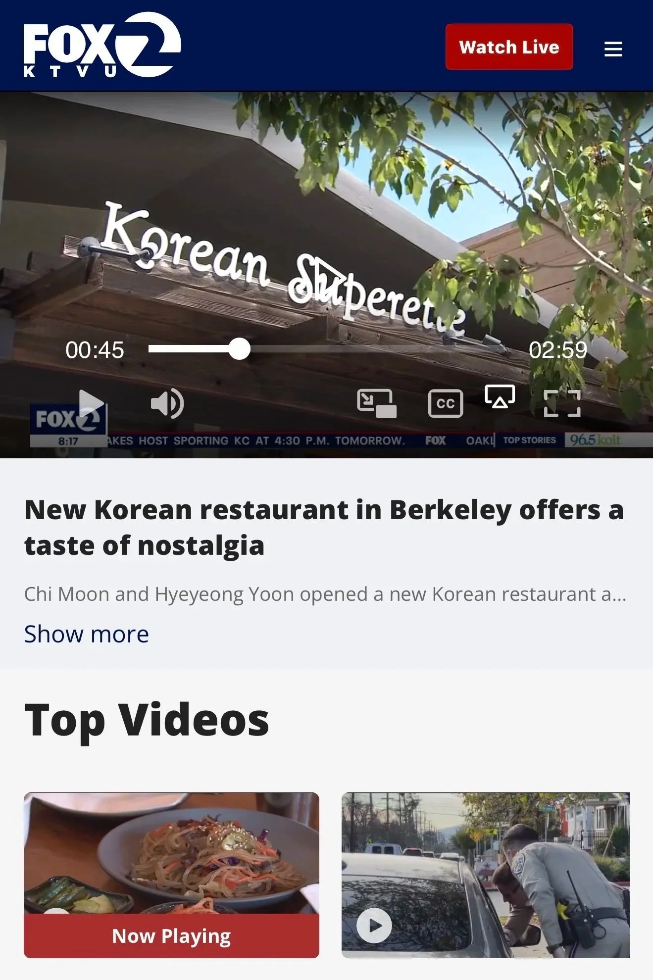 Screenshot of a news website with a headline about a new Korean restaurant in Berkeley. The image shows the restaurant's sign, which reads 'Korean Shuperette', with some trees and part of the building's facade in the background. The website features 