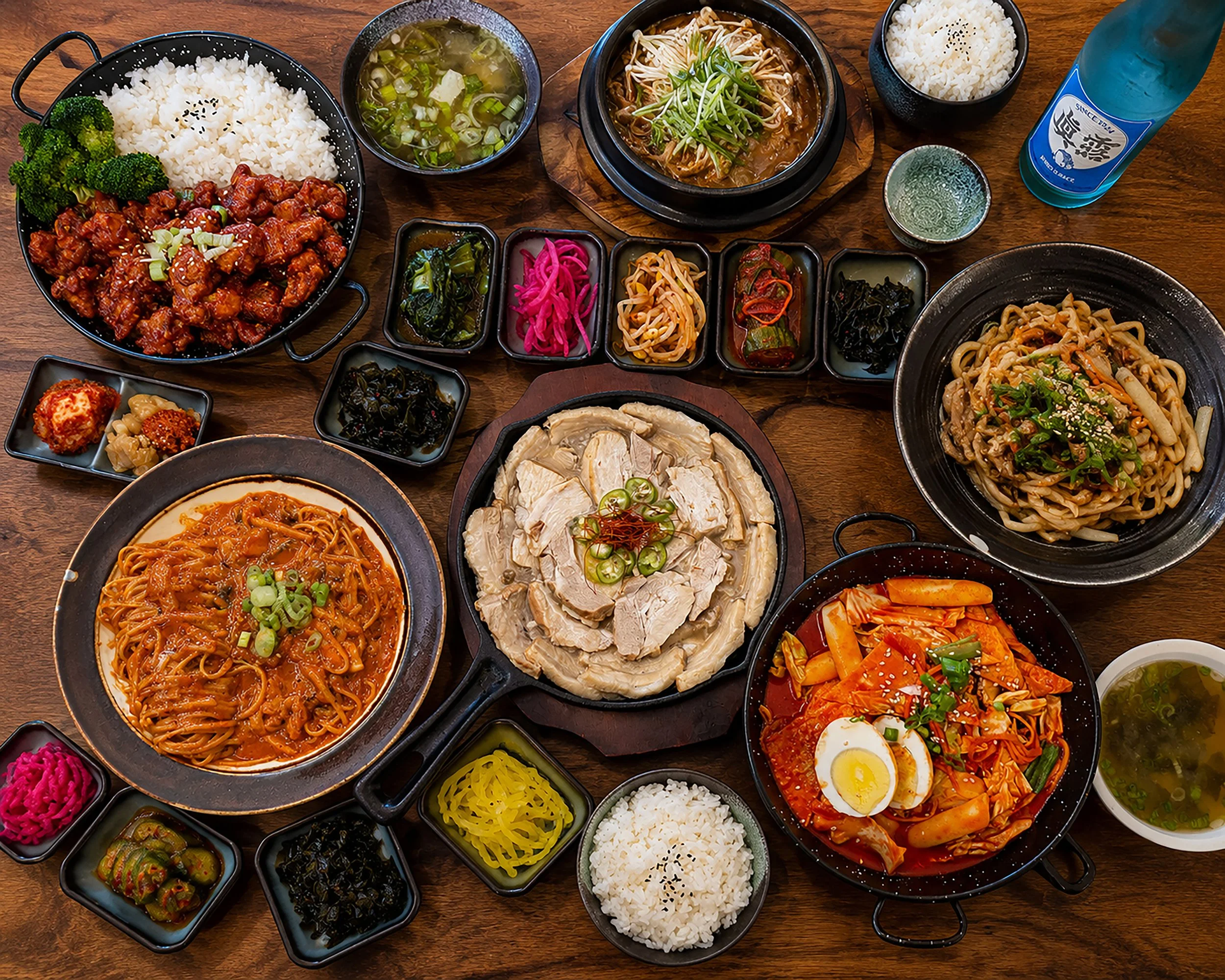 A variety of Korean dishes, including rice, noodles, kimchi, seaweed, and other side dishes, arranged on a wooden table.