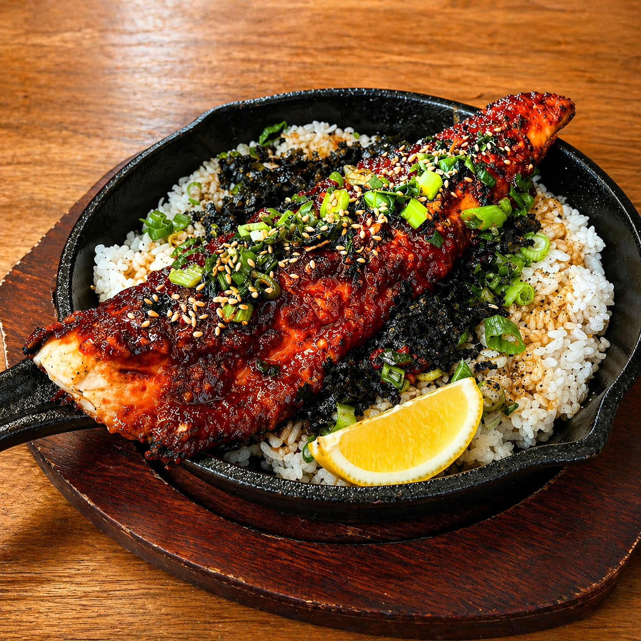 Grilled fish topped with sauce, chopped green onions, sesame seeds, and seaweed, served with rice, lemon wedge, on a cast iron skillet.