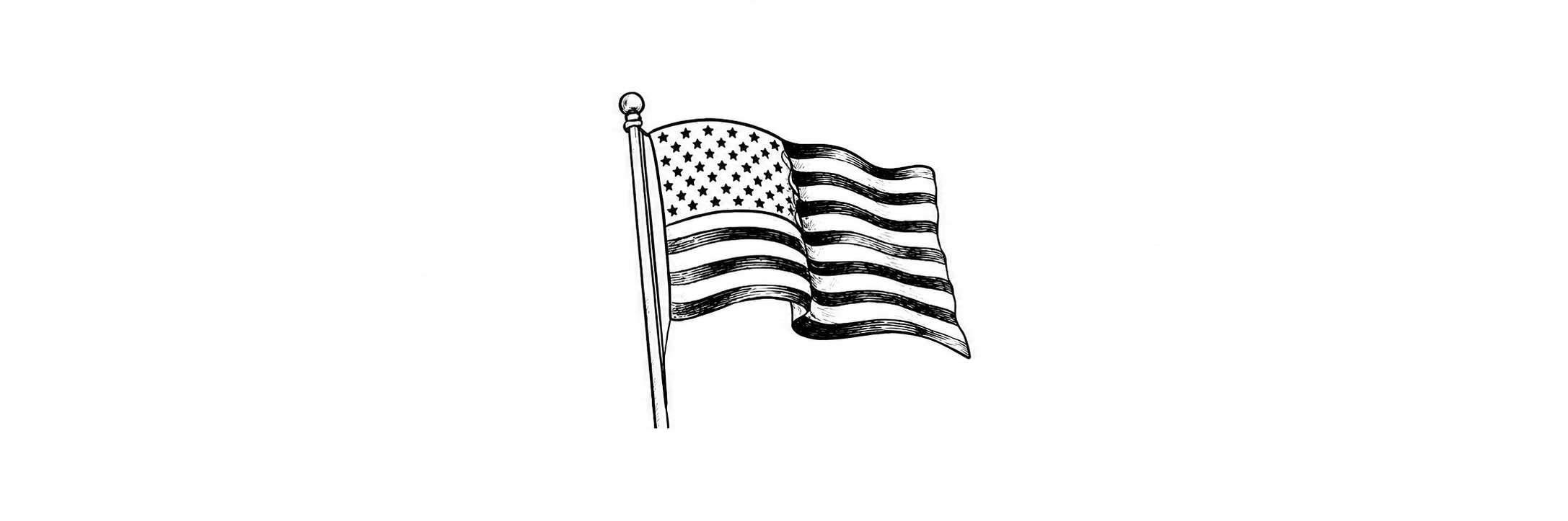 A black and white drawing of the American flag on a flagpole.