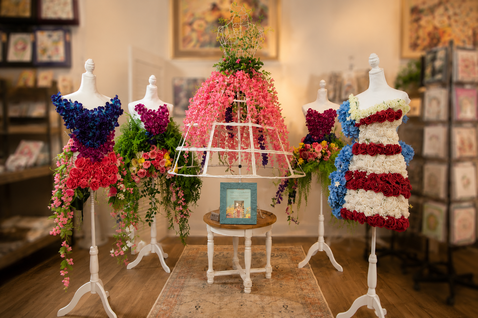 Floral mannequin boutique display

Artistic display of multiple floral mannequin dresses arranged in a boutique setting with decorative floral designs.
