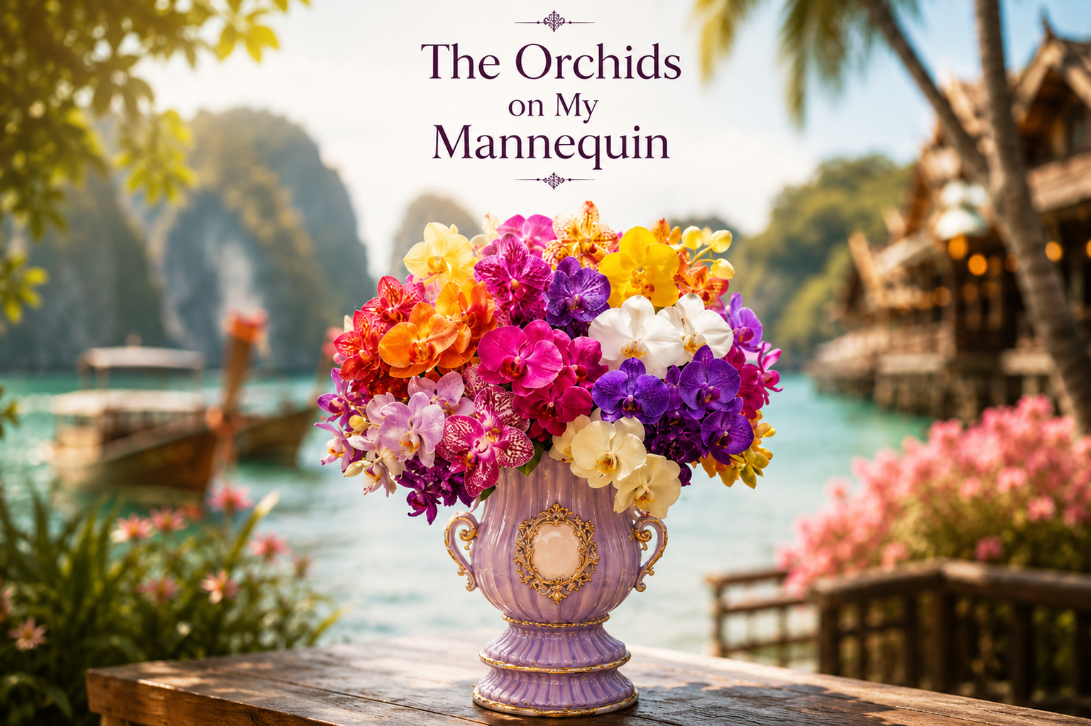 Orchid floral arrangement

Vibrant orchid flower arrangement displayed in a decorative vase with tropical scenery in the background.
