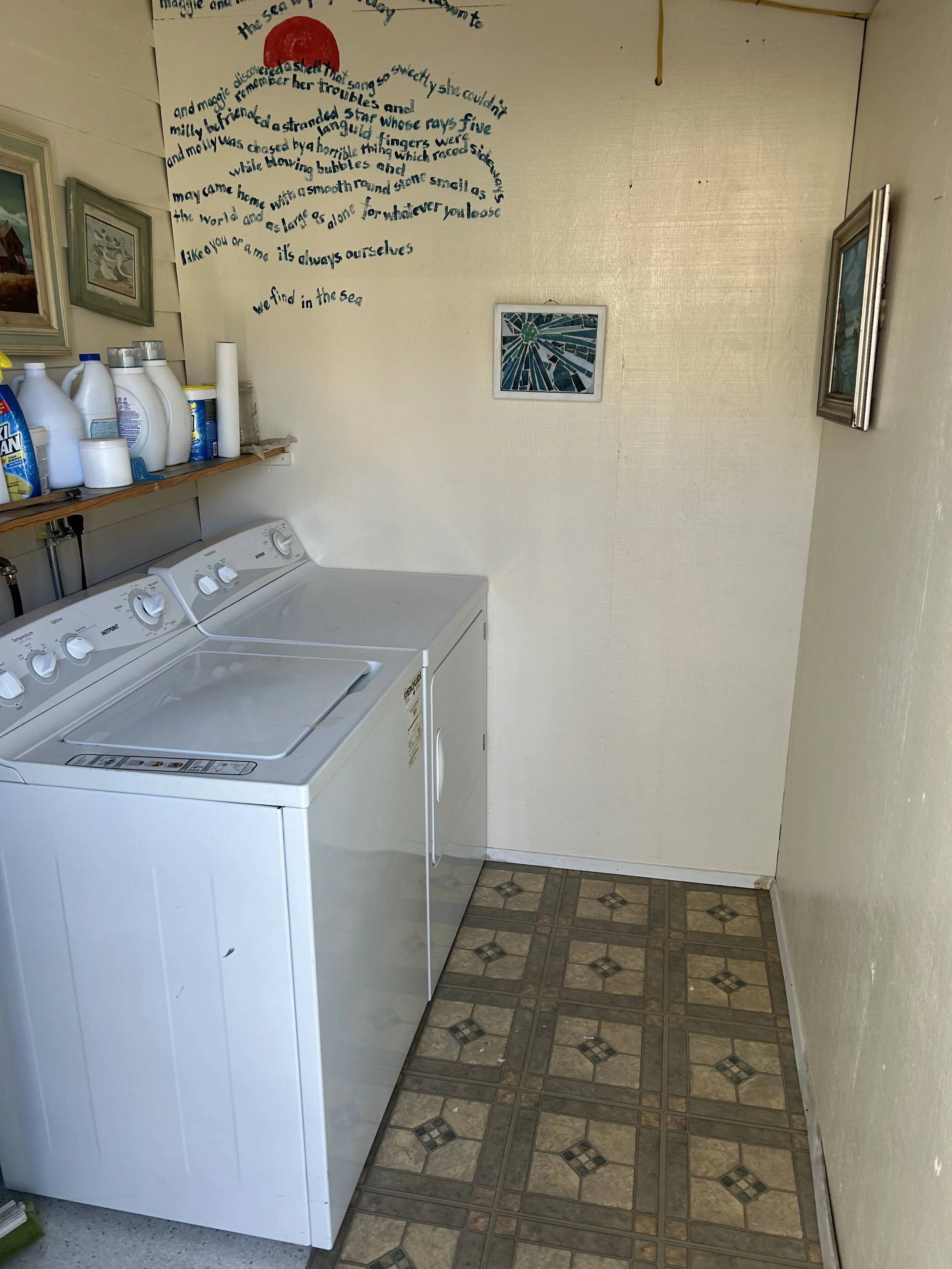 A laundry room with a white washing machine, a wooden shelf holding detergent and cleaning supplies, and wall decorations including framed artwork and a decorative mosaic. The floor has patterned tiles.