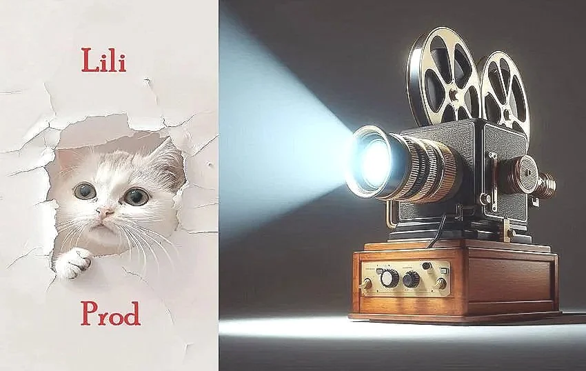 Création graphique divisée en deux parties : à gauche, un chaton blanc avec de grands yeux, apparaissant à travers un trou dans un mur en papier avec le texte 'Lili Prod' en rouge. À droite, une vieille caméra de film projetant une lumière forte dans l'obscurité.