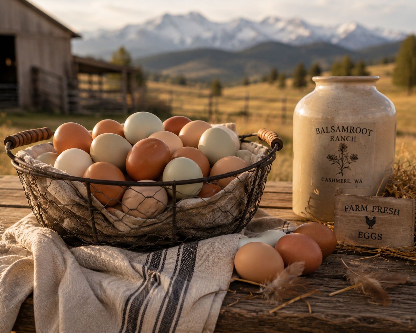 A basket of farm fresh eggs on a rustic wooden table outdoors with a scenic mountain and barn in the background, accompanied by a large jar labeled Balsamroot Ranch.