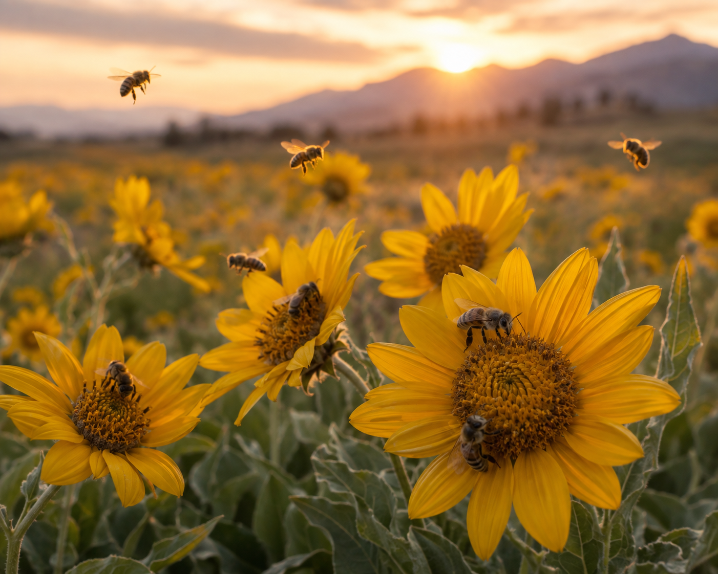 Sunflowers in a field at sunset with bees flying and collecting nectar, mountains visible in the background.