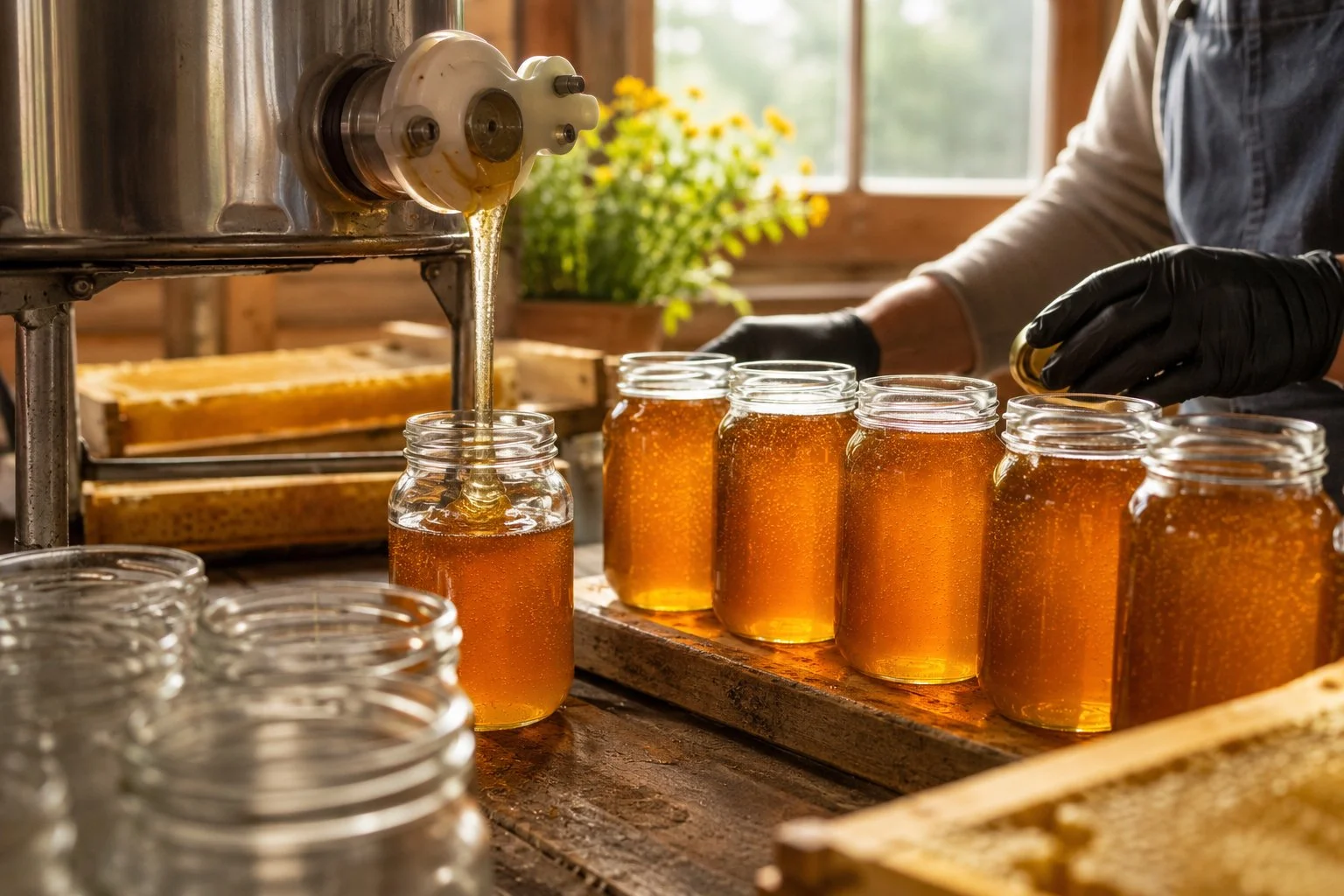 A person is filling glass jars with honey from a honey extractor in a rustic, well-lit room.