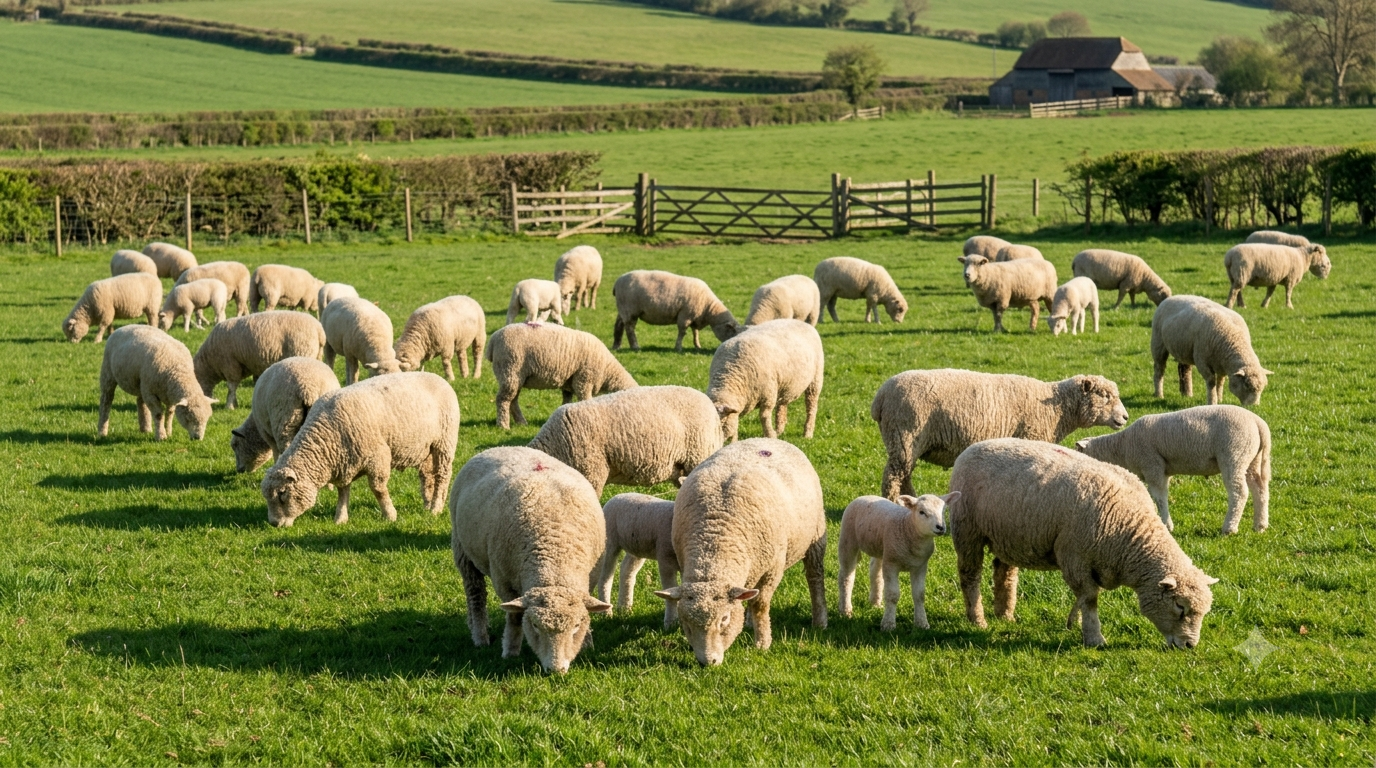 A flock of sheep grazing on a lush green pasture with a wooden fence, trees, and farm buildings in the background on a sunny day.