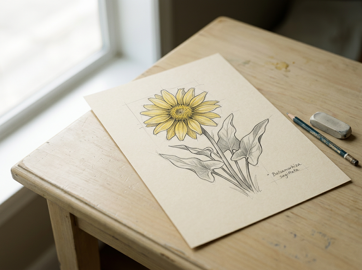 Hand-drawn botanical illustration of a sunflower, with some leaves sketched in pencil and the flower colored yellow, on cream-colored paper.