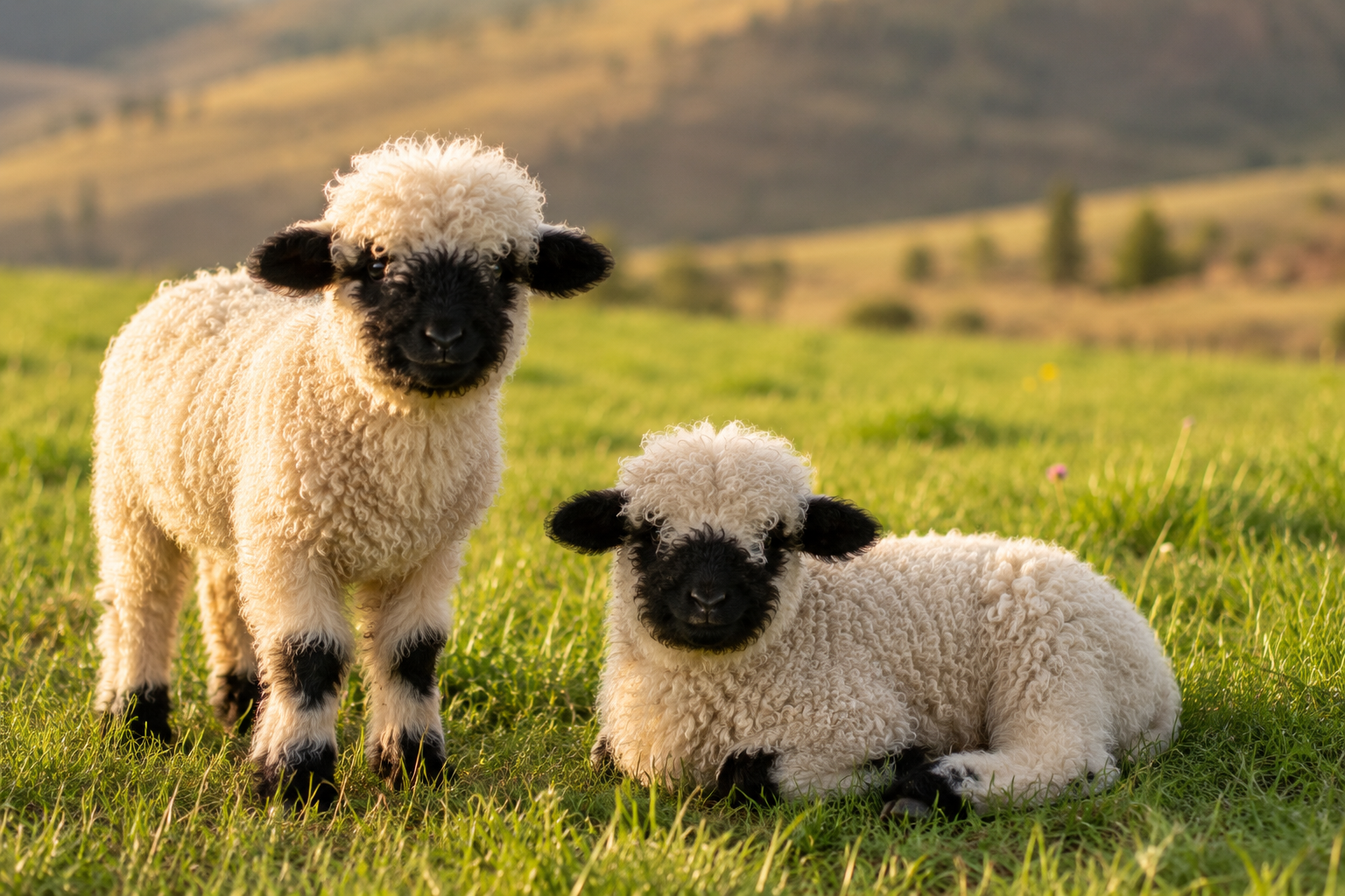 Two fluffy lambs with black faces and ears on a grassy hillside with mountains in the background.