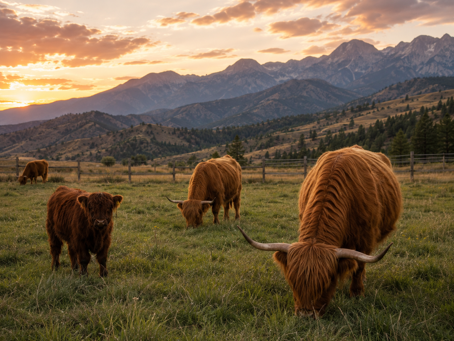Cows grazing in a field at sunset with mountains in the background.