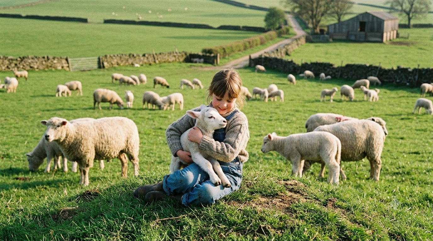 A young girl sitting on a grassy field hugging a lamb, surrounded by sheep and lambs in a rural farm setting.
