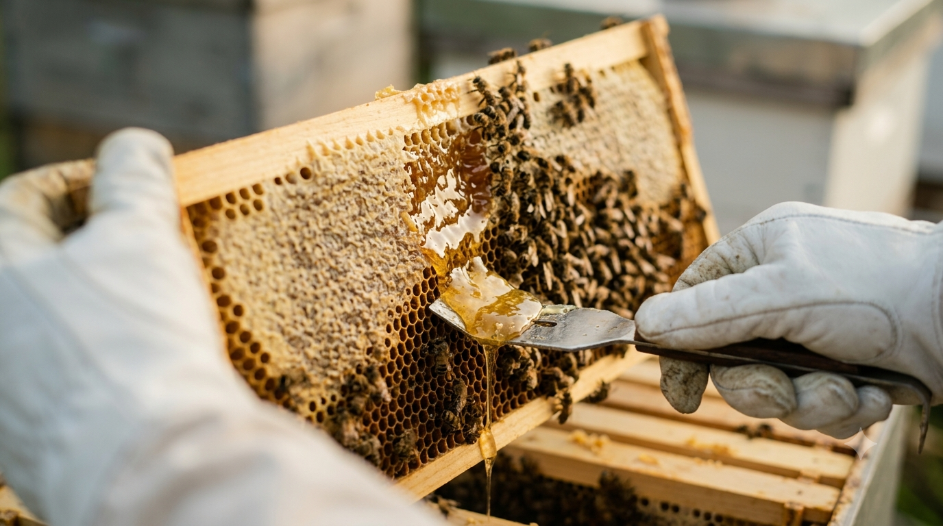 Hands in white gloves inspecting a honeycomb frame from a beehive, with honey and bees visible.