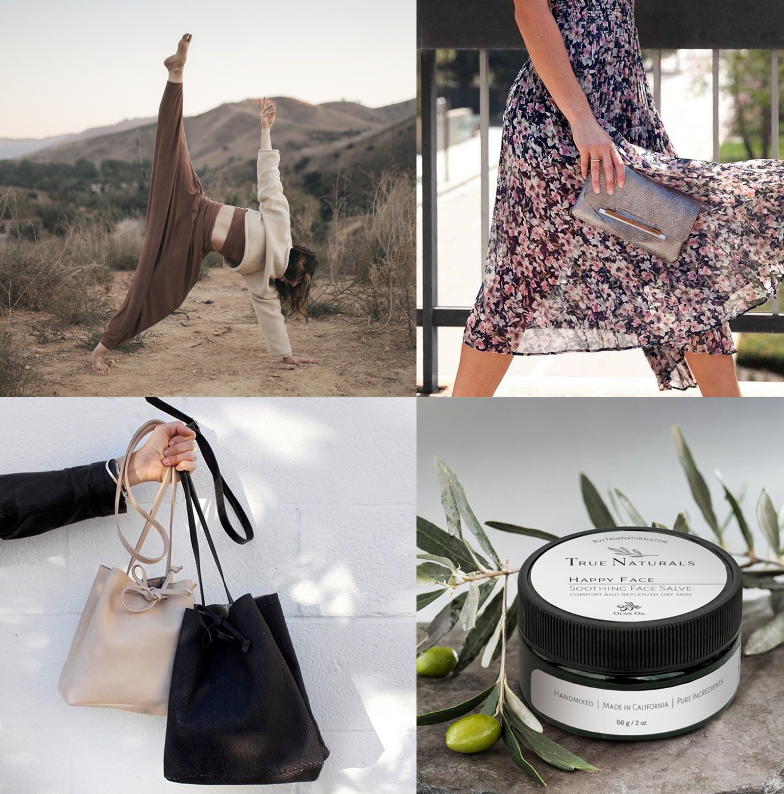 Grid layout of four KAIA Consulting clients including Sakti Rising yoga apparel, August handbags, and True Naturals skincare