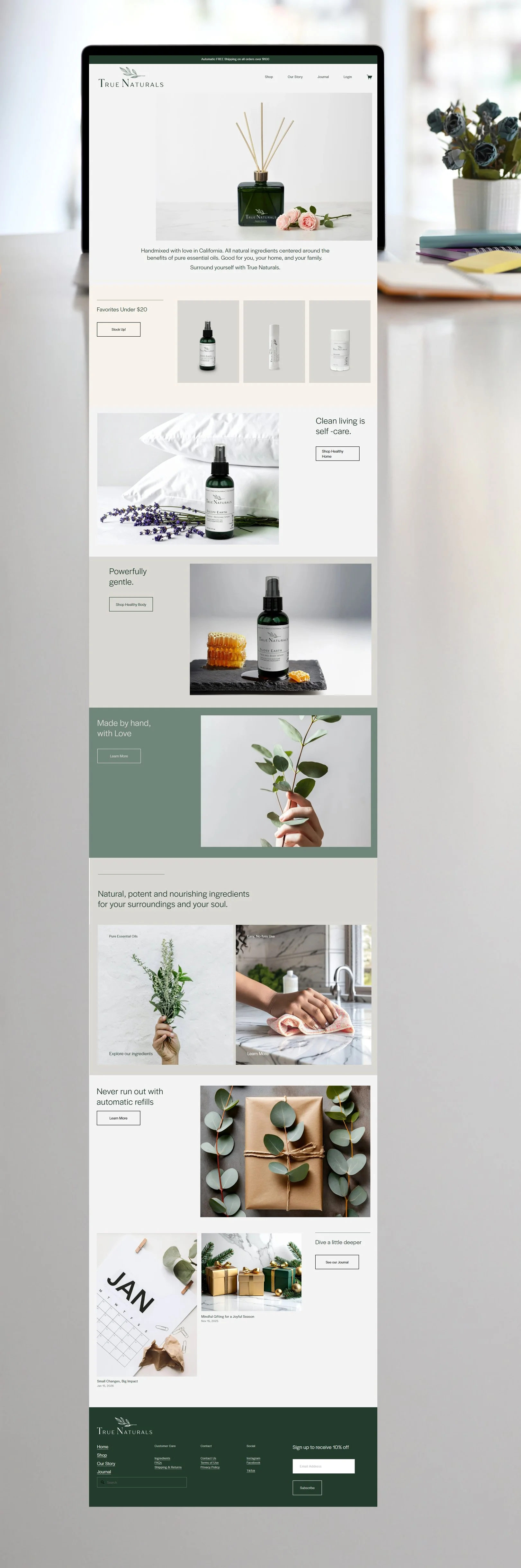True Naturals website design strategy by KAIA Consulting for full home page - all natural plant-based skincare and home products