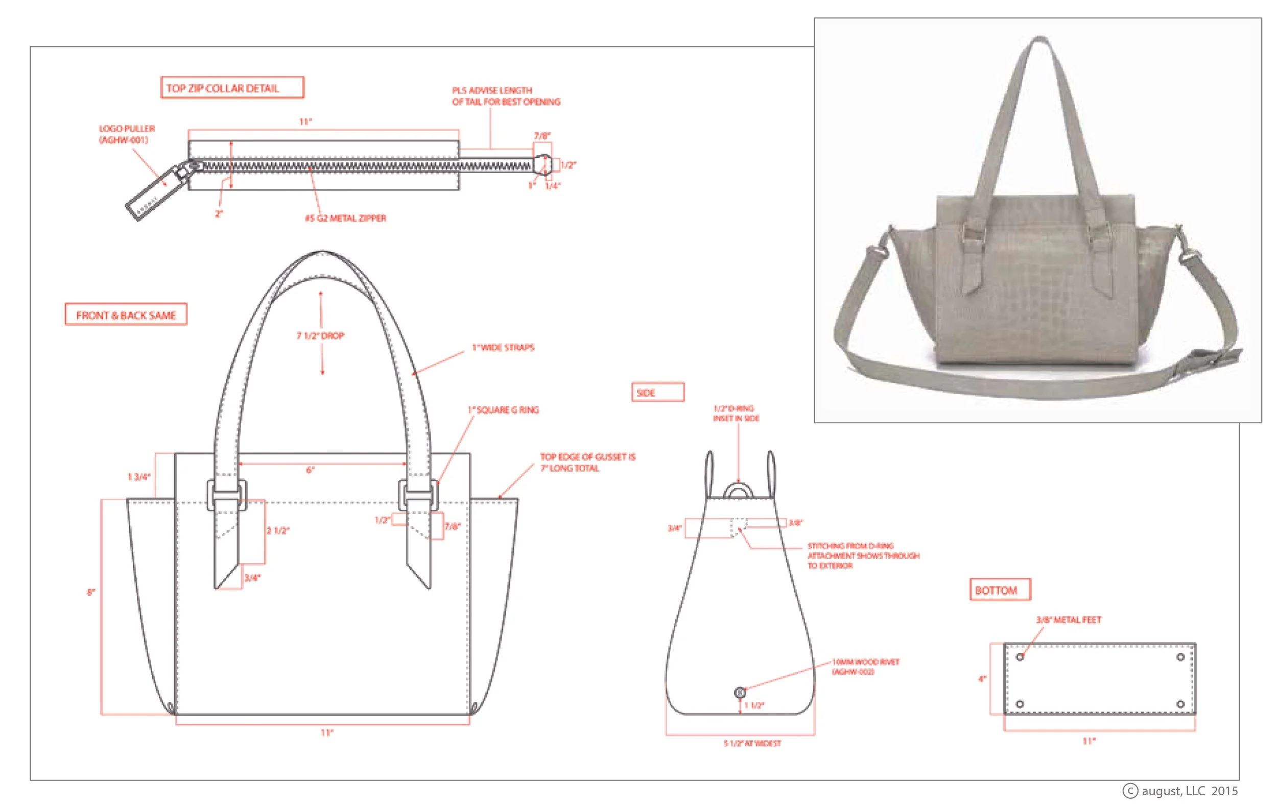 Technical Drawing for August Handbags satchel