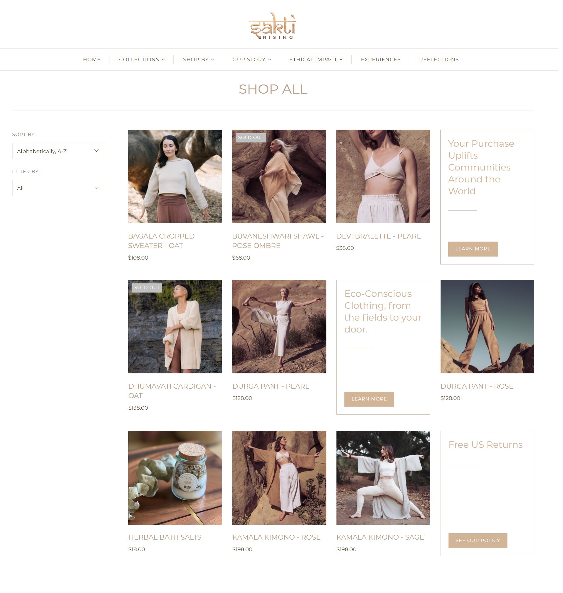 Sakti Rising luxury yoga apparel, website design strategy SHOP ALL page by KAIA Consulting