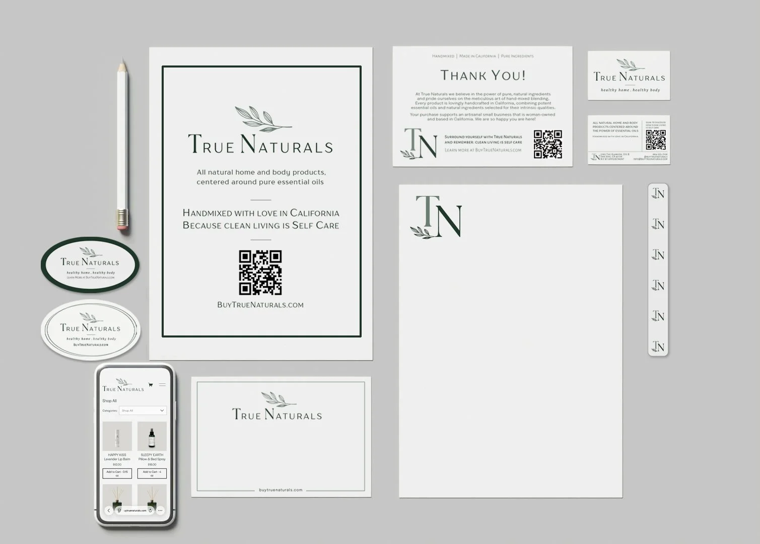 Packaging and marketing materials for True Naturals, all-natural skincare, by KAIA Consulting