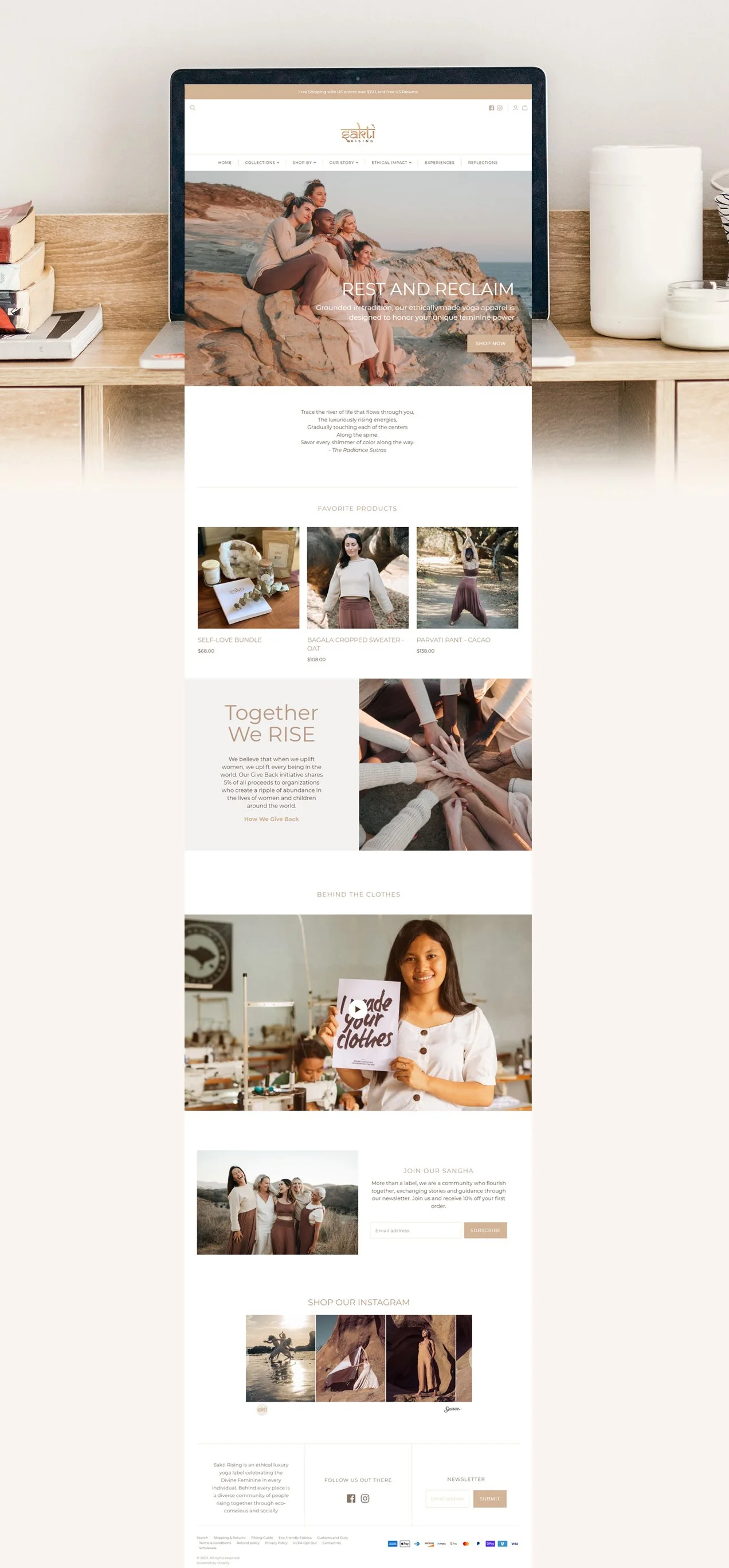 Home page website design by KAIA Consulting for Sakti Rising, a luxury yoga apparel company
