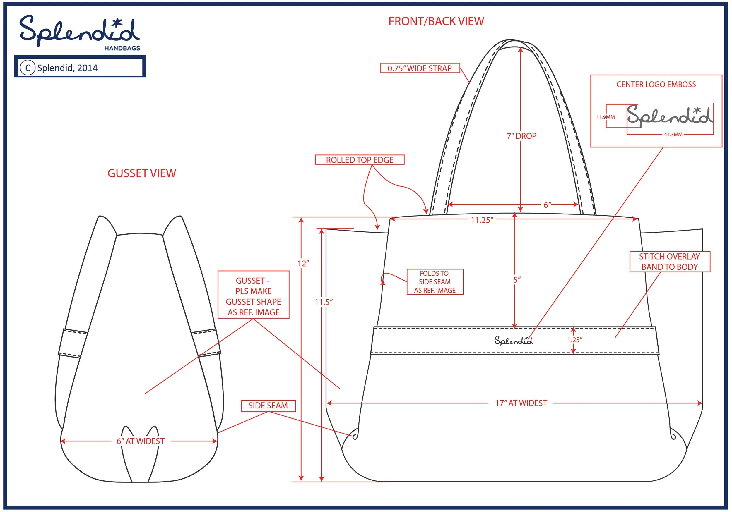 Technical Drawing for Splendid Handbags multi-material tote