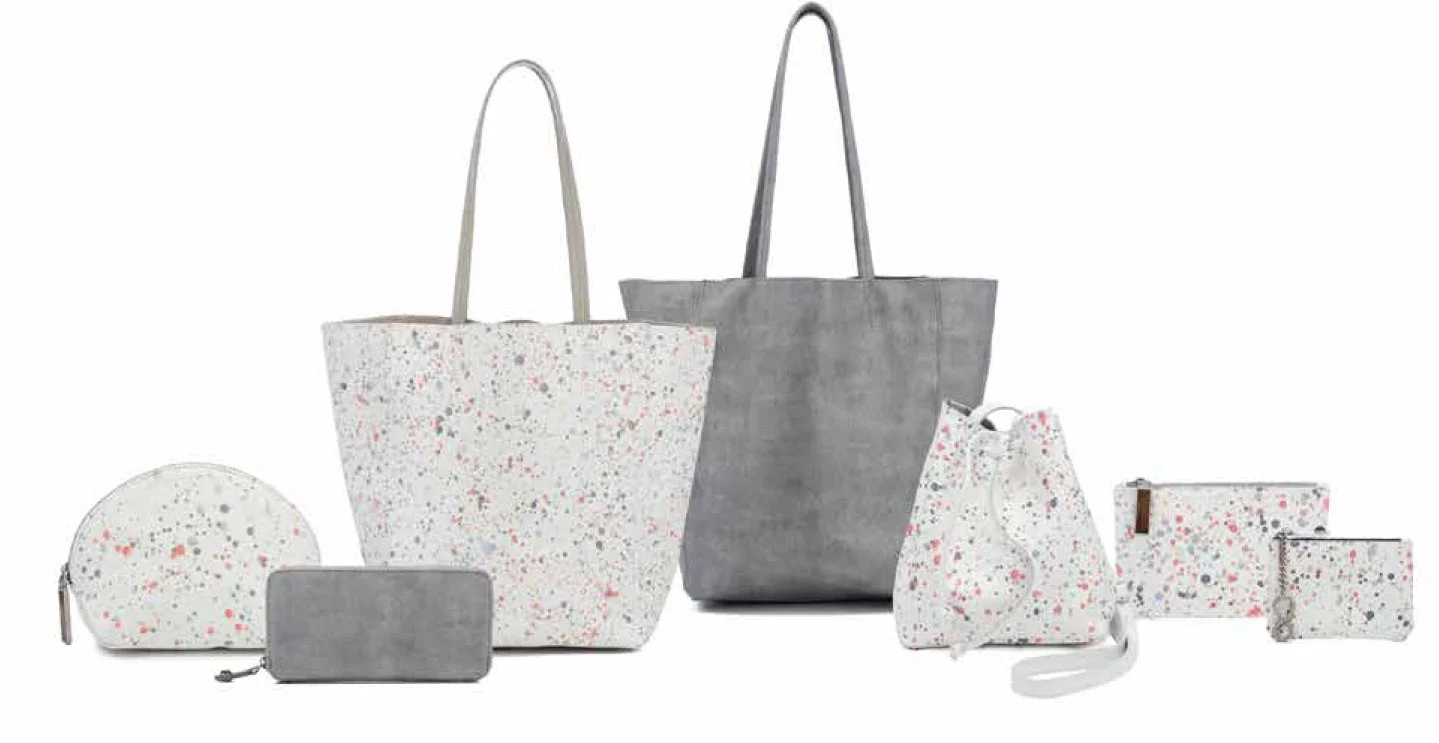 August Handbags custom splatter-print design on textured leather