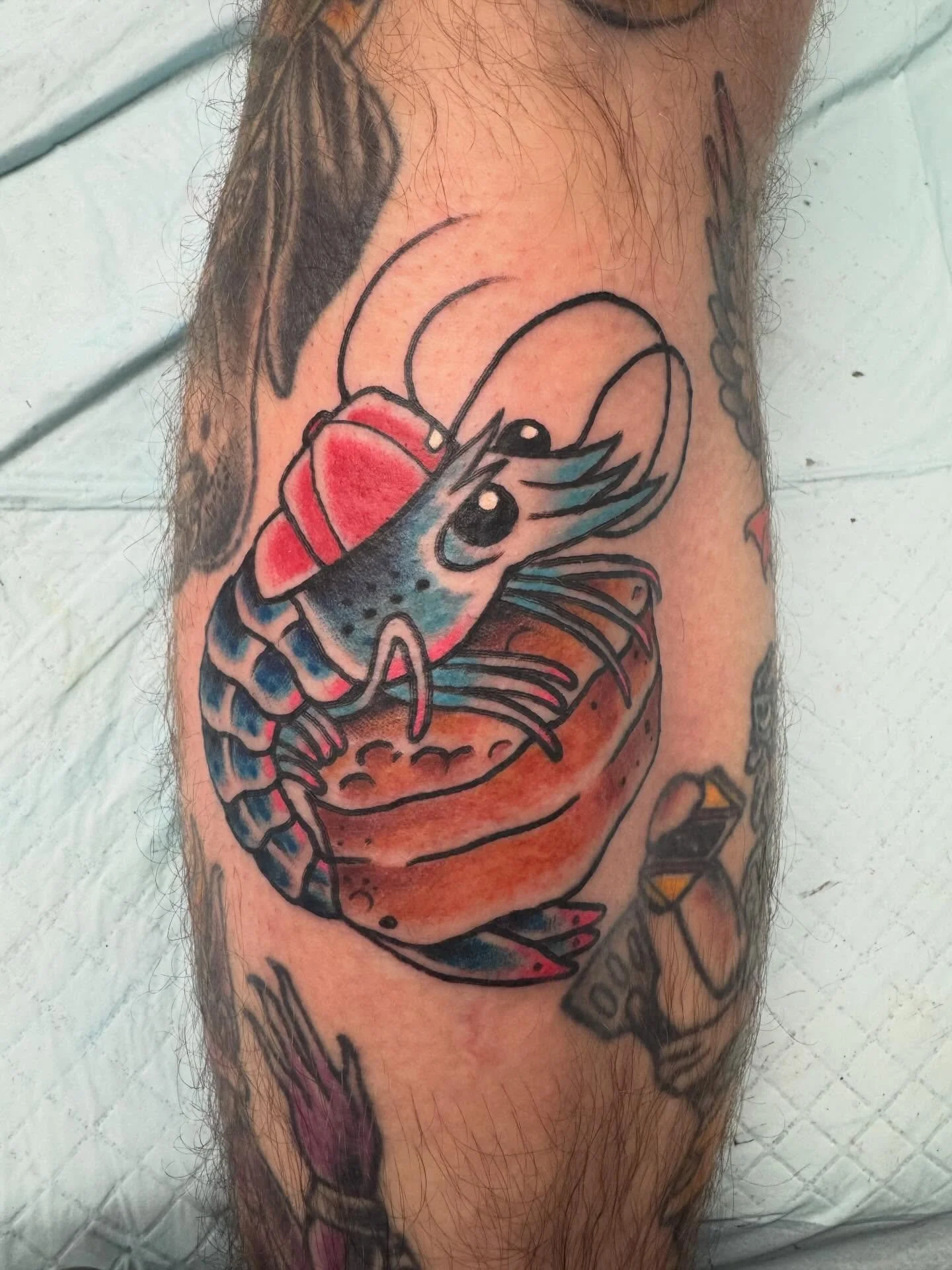 Shrimp bizkit. I don&rsquo;t ask questions I just make em look cool! On my homie @copperhead_8802 #shrimptattoo #shrimpbizkit #tattoo #traditionaltattooartist #traditionalshrimptattoo