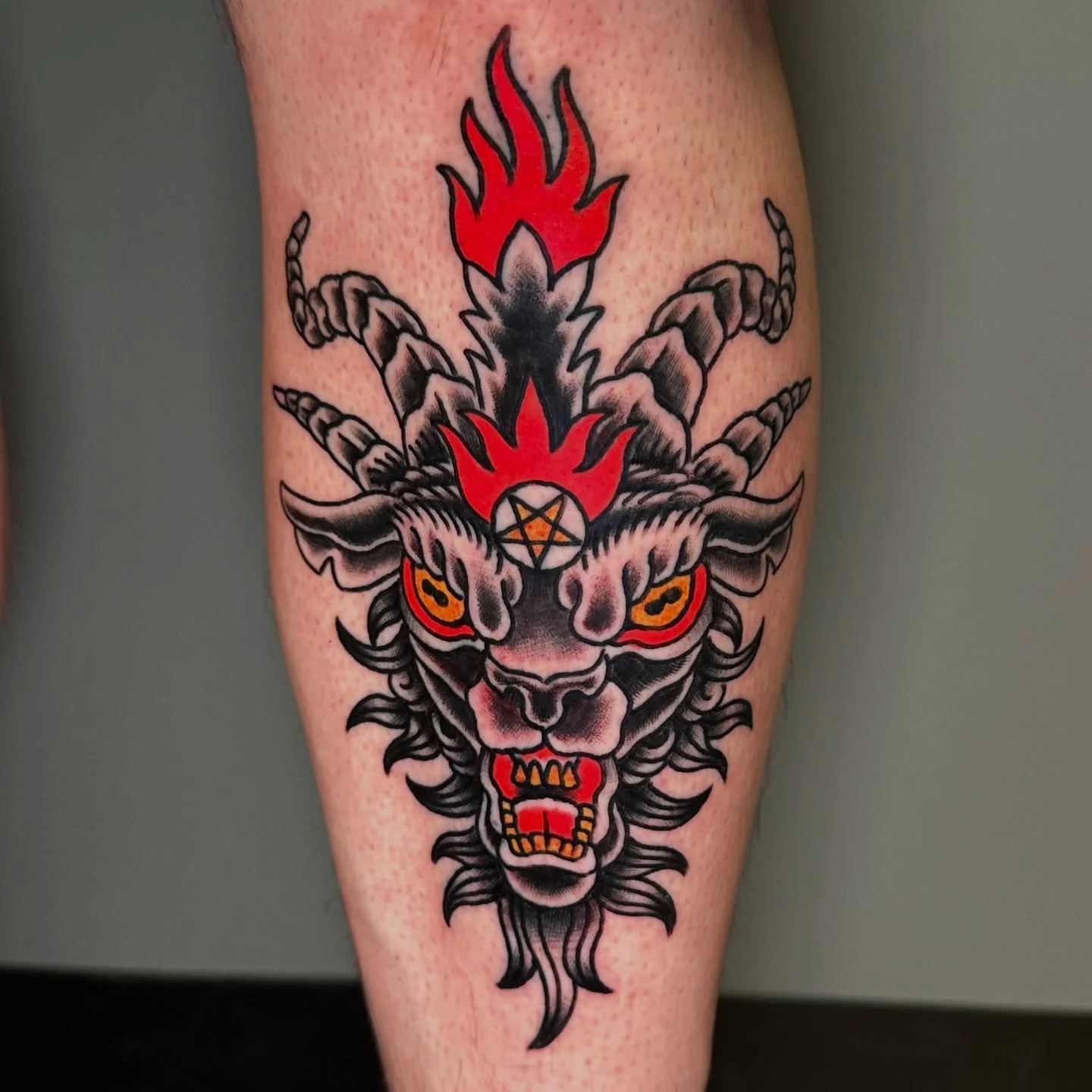 Goat on the shin for Zach. Thanks. @pinstruck_tattoos