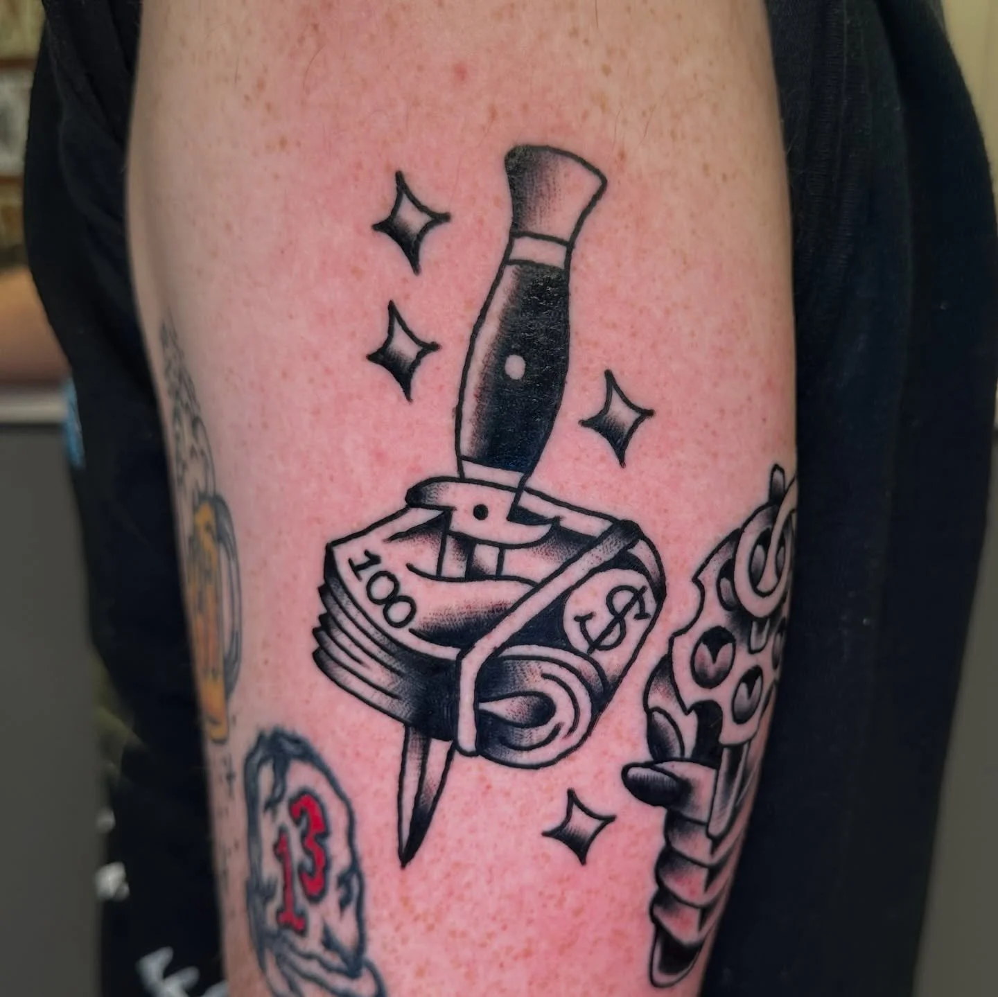 Two from my flash sheets and a healed Sailor Jerry jawn. Thanks @vince_kahler done @pinstruck_tattoos