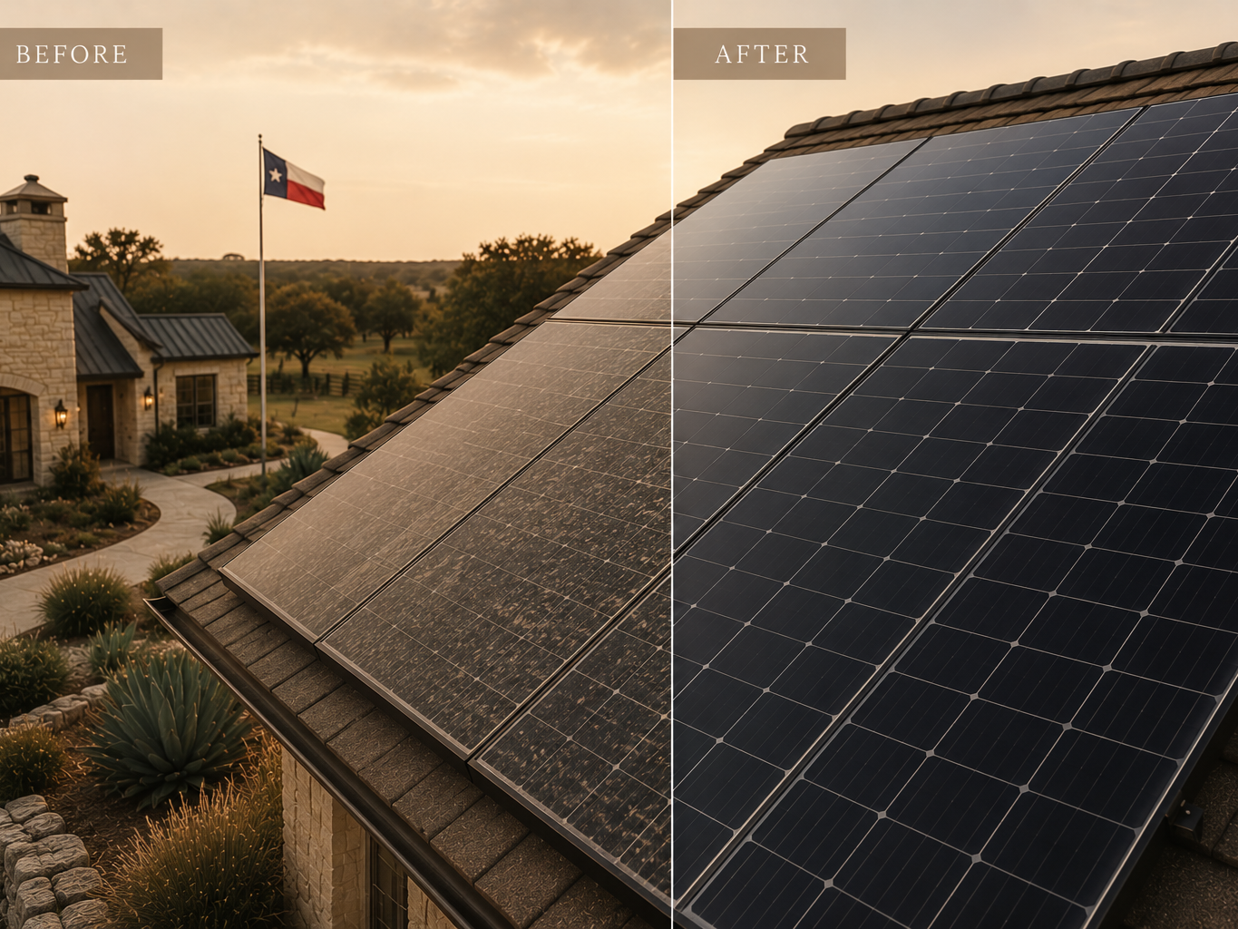 Comparison of a roof with dirty solar panels on the left and clean solar panels on the right, showing the improvement after cleaning.