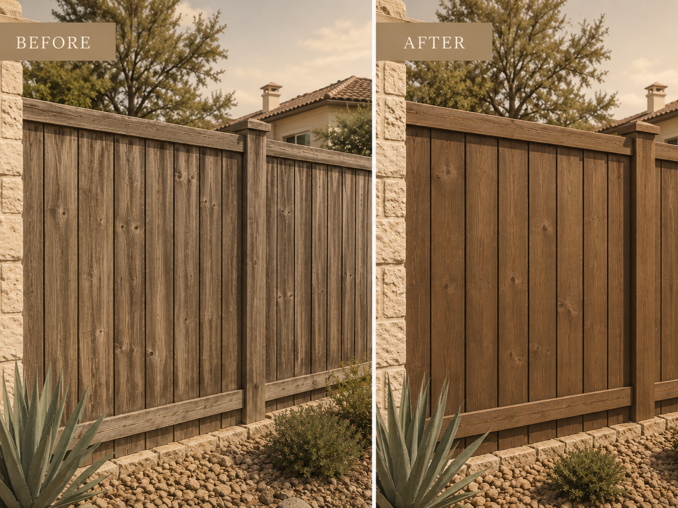 Comparison of a wooden fence before and after staining, with plants and a house in the background.