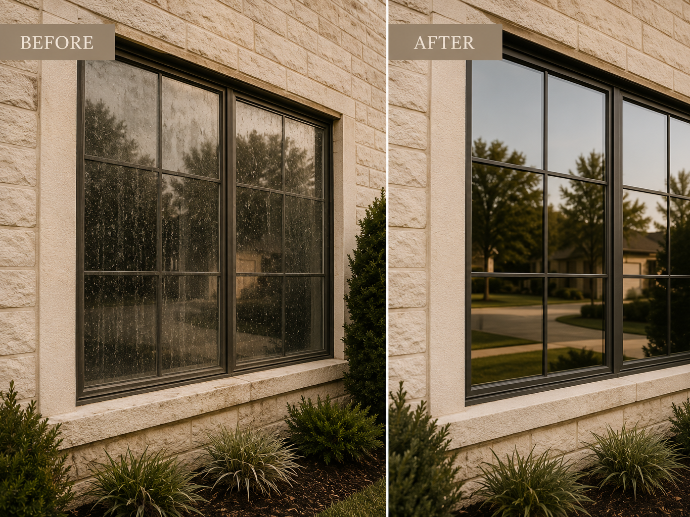 Comparison of a window before and after cleaning, showing a dirty, grimy window on the left and a clean, clear window on the right, with a stone wall and landscaping in the background.