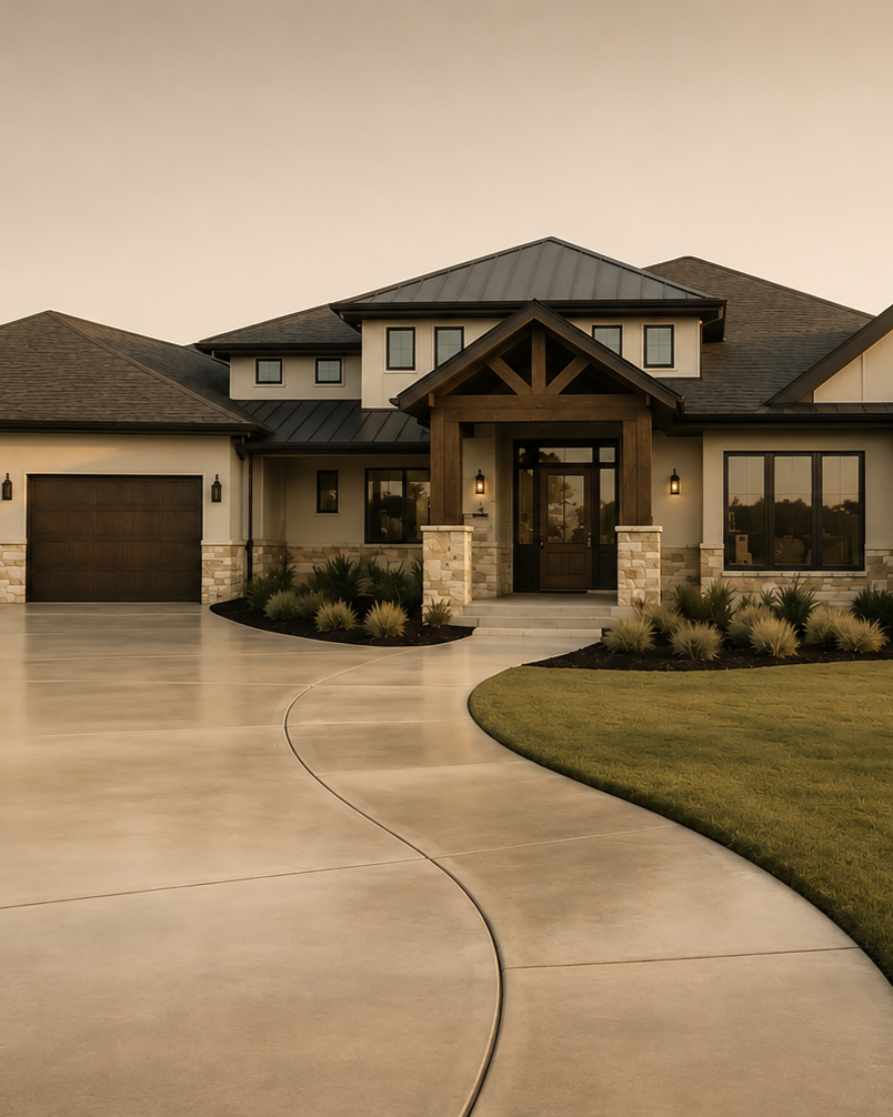 A modern house with a paved driveway, front porch with wooden beams, stone accents, and landscaping with shrubs and grass.